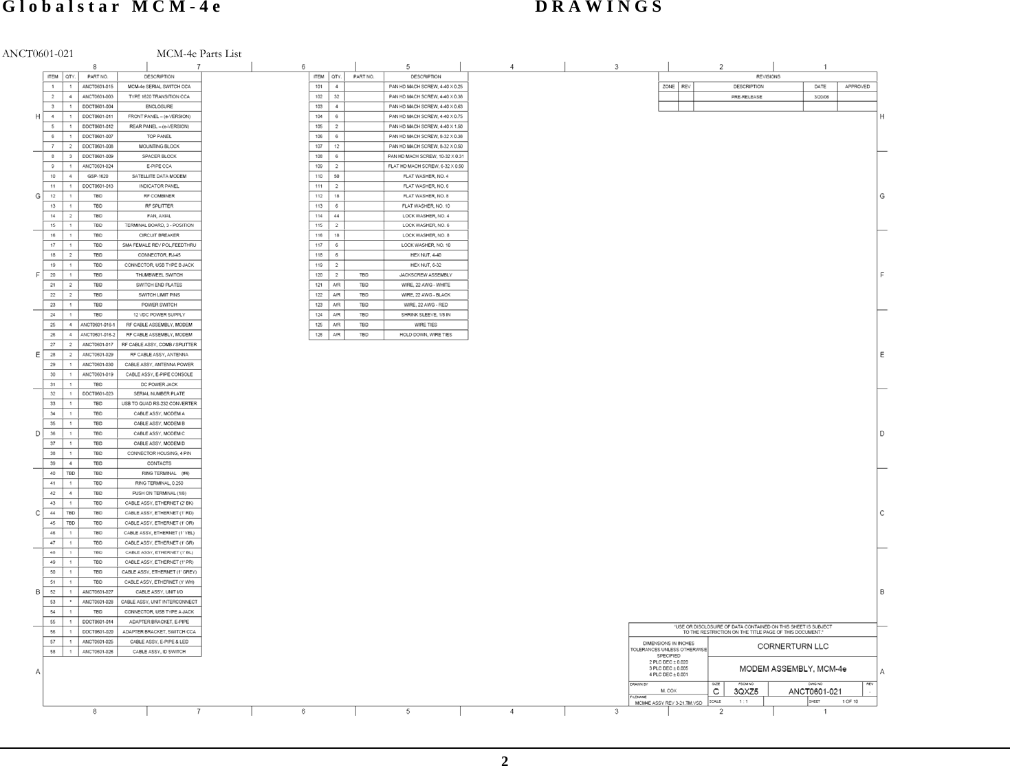 Globalstar MCM-4e  DRAWINGS  2 ANCT0601-021  MCM-4e Parts List    