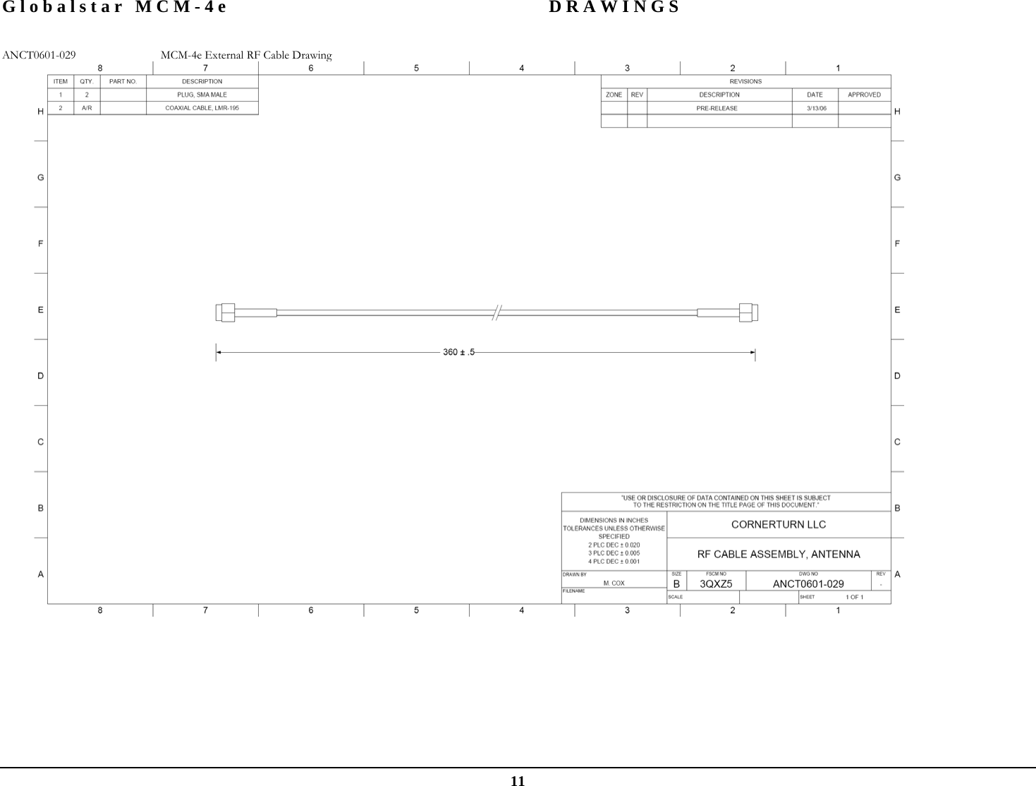 Globalstar MCM-4e  DRAWINGS  11 ANCT0601-029  MCM-4e External RF Cable Drawing  
