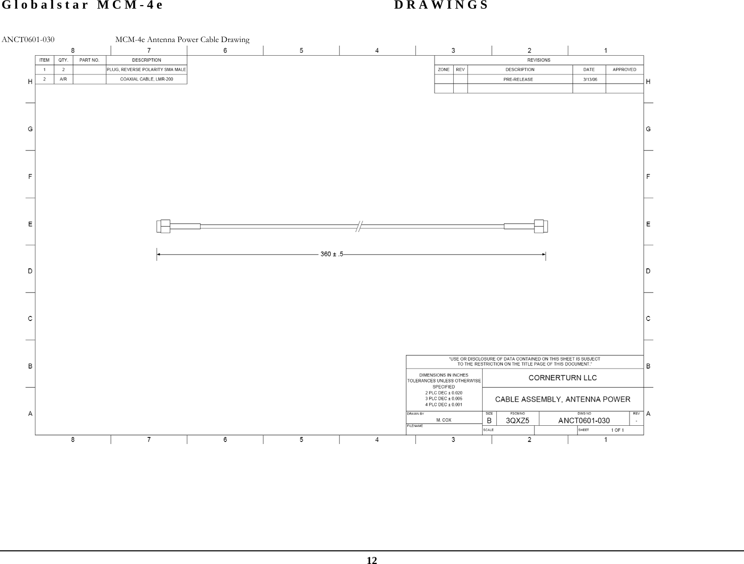 Globalstar MCM-4e  DRAWINGS  12 ANCT0601-030  MCM-4e Antenna Power Cable Drawing  