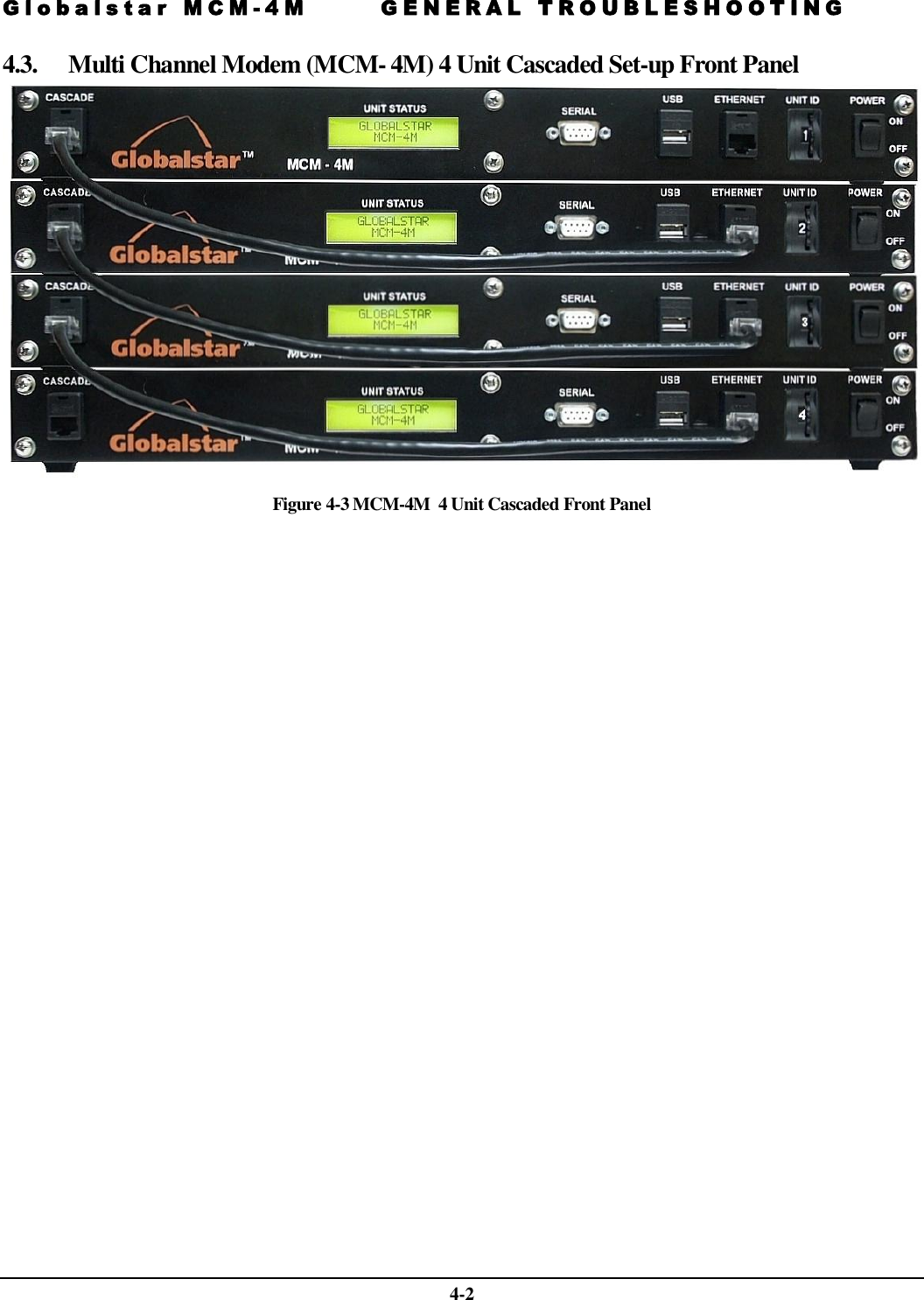 Globalstar MCM-4M GENERAL TROUBLESHOOTING   4-2 4.3. Multi Channel Modem (MCM- 4M) 4 Unit Cascaded Set-up Front Panel   Figure 4-3 MCM-4M  4 Unit Cascaded Front Panel 