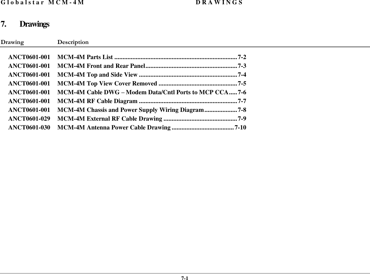 Globalstar MCM-4M DRAWINGS  7-1 7. Drawings  Drawing Description  ANCT0601-001 MCM-4M Parts List ...........................................................................7-2 ANCT0601-001 MCM-4M Front and Rear Panel........................................................7-3 ANCT0601-001 MCM-4M Top and Side View ............................................................7-4 ANCT0601-001 MCM-4M Top View Cover Removed ................................................7-5 ANCT0601-001 MCM-4M Cable DWG – Modem Data/Cntl Ports to MCP CCA.....7-6 ANCT0601-001 MCM-4M RF Cable Diagram ............................................................7-7 ANCT0601-001 MCM-4M Chassis and Power Supply Wiring Diagram....................7-8 ANCT0601-029 MCM-4M External RF Cable Drawing .............................................7-9 ANCT0601-030 MCM-4M Antenna Power Cable Drawing ......................................7-10    