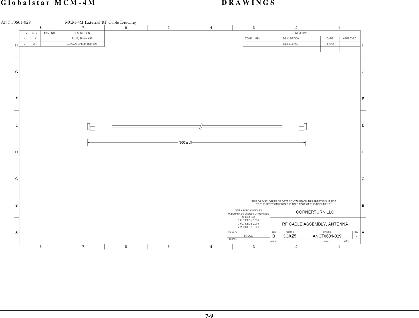 Globalstar MCM-4M DRAWINGS  7-9 ANCT0601-029  MCM-4M External RF Cable Drawing  
