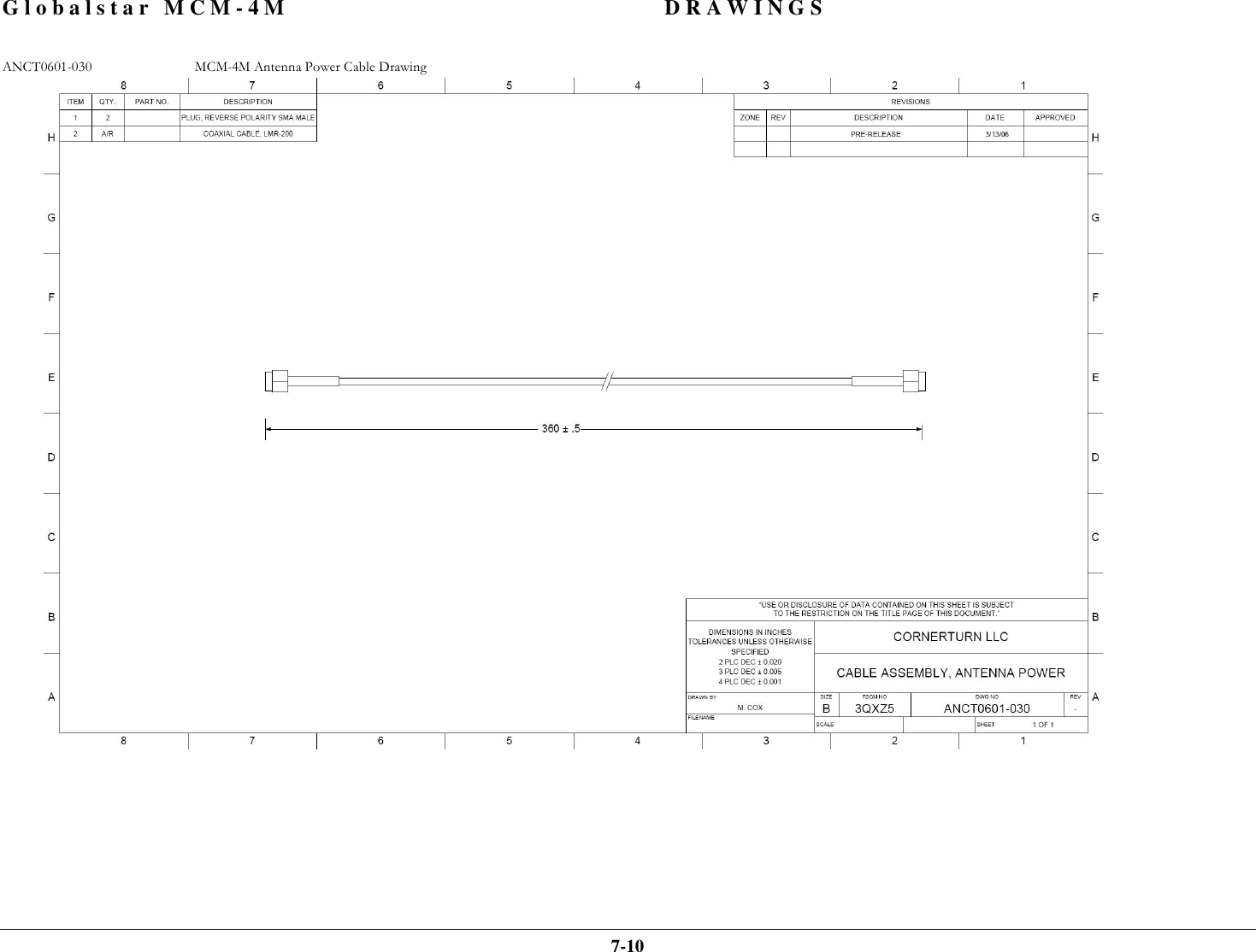 Globalstar MCM-4M DRAWINGS  7-10 ANCT0601-030 MCM-4M Antenna Power Cable Drawing   