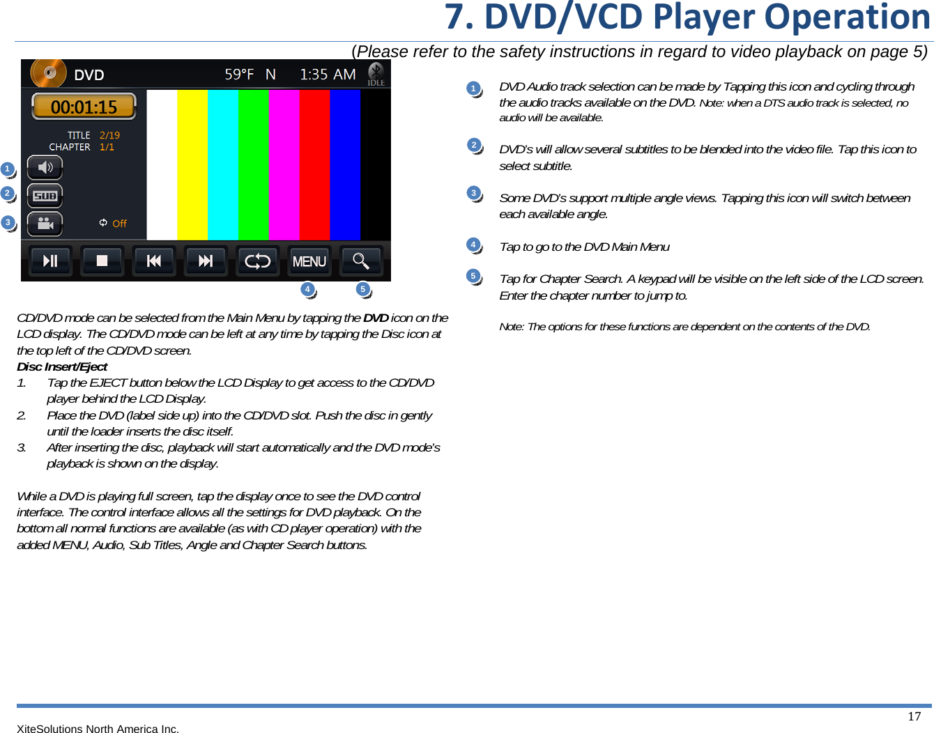 7.DVD/VCDPlayerOperation                                                                       (Please refer to the safety instructions in regard to video playback on page 5) XiteSolutions North America Inc.  17               CD/DVD mode can be selected from the Main Menu by tapping the DVD icon on the LCD display. The CD/DVD mode can be left at any time by tapping the Disc icon at the top left of the CD/DVD screen. Disc Insert/Eject 1. Tap the EJECT button below the LCD Display to get access to the CD/DVD player behind the LCD Display. 2. Place the DVD (label side up) into the CD/DVD slot. Push the disc in gently until the loader inserts the disc itself. 3. After inserting the disc, playback will start automatically and the DVD mode’s playback is shown on the display.  While a DVD is playing full screen, tap the display once to see the DVD control interface. The control interface allows all the settings for DVD playback. On the bottom all normal functions are available (as with CD player operation) with the added MENU, Audio, Sub Titles, Angle and Chapter Search buttons.           DVD Audio track selection can be made by Tapping this icon and cycling through the audio tracks available on the DVD. Note: when a DTS audio track is selected, no audio will be available.  DVD’s will allow several subtitles to be blended into the video file. Tap this icon to select subtitle.  Some DVD’s support multiple angle views. Tapping this icon will switch between each available angle.  Tap to go to the DVD Main Menu  Tap for Chapter Search. A keypad will be visible on the left side of the LCD screen. Enter the chapter number to jump to.  Note: The options for these functions are dependent on the contents of the DVD.                    11 22  3443 55