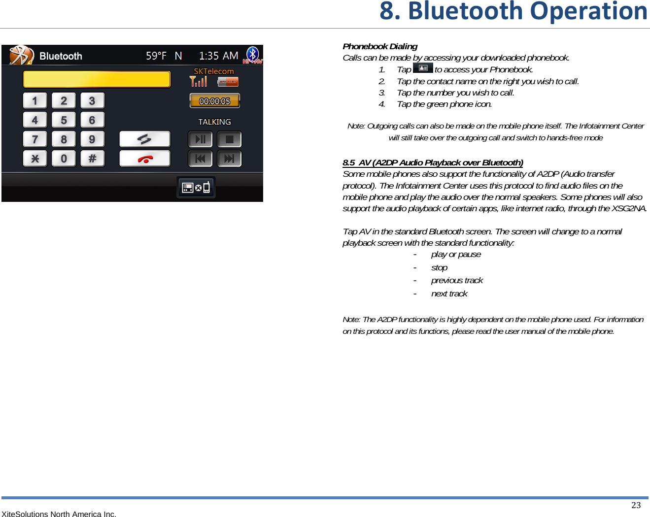  8.BluetoothOperationXiteSolutions North America Inc.  23                          Phonebook Dialing Calls can be made by accessing your downloaded phonebook. 1. Tap   to access your Phonebook. 2. Tap the contact name on the right you wish to call. 3. Tap the number you wish to call. 4. Tap the green phone icon.  Note: Outgoing calls can also be made on the mobile phone itself. The Infotainment Center will still take over the outgoing call and switch to hands-free mode 8.5  AV (A2DP Audio Playback over Bluetooth) Some mobile phones also support the functionality of A2DP (Audio transfer protocol). The Infotainment Center uses this protocol to find audio files on the mobile phone and play the audio over the normal speakers. Some phones will also support the audio playback of certain apps, like internet radio, through the XSG2NA.  Tap AV in the standard Bluetooth screen. The screen will change to a normal playback screen with the standard functionality: - play or pause - stop - previous track - next track  Note: The A2DP functionality is highly dependent on the mobile phone used. For information on this protocol and its functions, please read the user manual of the mobile phone.      