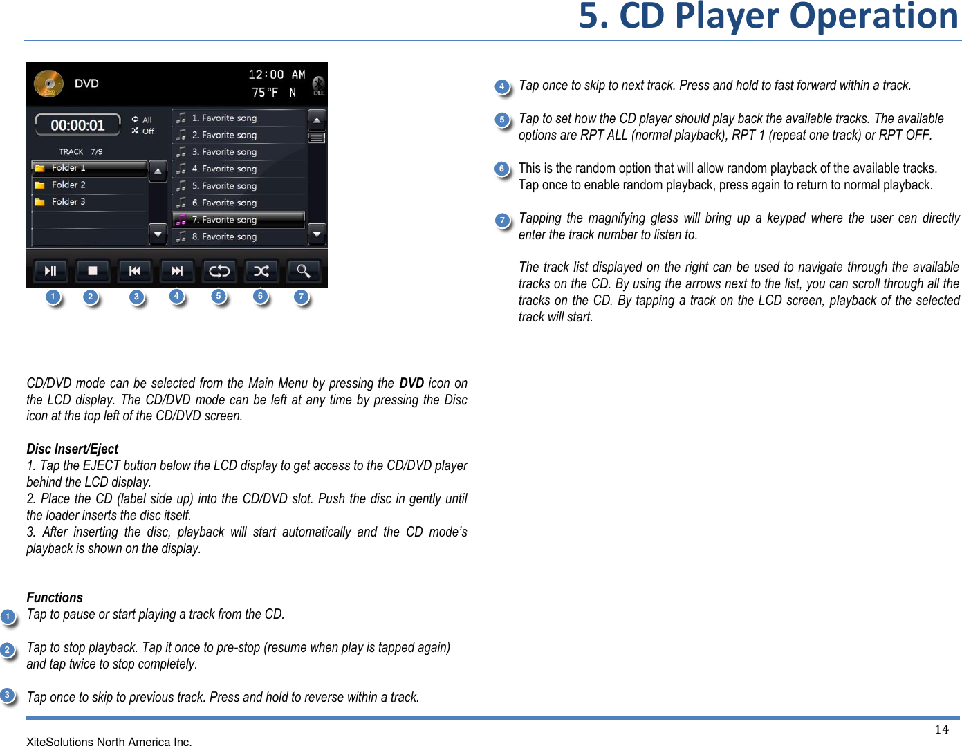 5. CD Player Operation  XiteSolutions North America Inc.  14                    CD/DVD mode can be selected from the Main Menu by pressing the  DVD icon on the LCD display. The CD/DVD mode can be left at any time by  pressing the Disc icon at the top left of the CD/DVD screen.    Disc Insert/Eject 1. Tap the EJECT button below the LCD display to get access to the CD/DVD player behind the LCD display. 2. Place the CD (label side up) into the CD/DVD slot. Push the disc in gently until the loader inserts the disc itself. 3.  After  inserting  the  disc,  playback  will  start  automatically  and  the  CD  mode’s playback is shown on the display.   Functions Tap to pause or start playing a track from the CD.  Tap to stop playback. Tap it once to pre-stop (resume when play is tapped again) and tap twice to stop completely.  Tap once to skip to previous track. Press and hold to reverse within a track.  Tap once to skip to next track. Press and hold to fast forward within a track.  Tap to set how the CD player should play back the available tracks. The available options are RPT ALL (normal playback), RPT 1 (repeat one track) or RPT OFF.  This is the random option that will allow random playback of the available tracks. Tap once to enable random playback, press again to return to normal playback.  Tapping  the  magnifying  glass  will  bring  up  a  keypad  where  the  user  can  directly enter the track number to listen to.  The track list displayed on the right can be used to navigate through the available tracks on the CD. By using the arrows next to the list, you can scroll through all the tracks on the CD. By tapping a track on the LCD screen, playback of the selected track will start. 1 2 3 1 2 3 4 5 6 7 7 6 5 4 