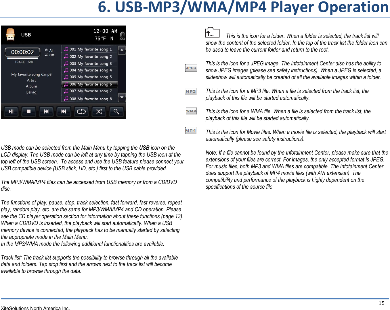 6. USB-MP3/WMA/MP4 Player Operation  XiteSolutions North America Inc.  15                 USB mode can be selected from the Main Menu by tapping the USB icon on the LCD display. The USB mode can be left at any time by tapping the USB icon at the top left of the USB screen.  To access and use the USB feature please connect your USB compatible device (USB stick, HD, etc.) first to the USB cable provided.  The MP3/WMA/MP4 files can be accessed from USB memory or from a CD/DVD disc.  The functions of play, pause, stop, track selection, fast forward, fast reverse, repeat play, random play, etc. are the same for MP3/WMA/MP4 and CD operation. Please see the CD player operation section for information about these functions (page 13). When a CD/DVD is inserted, the playback will start automatically. When a USB memory device is connected, the playback has to be manually started by selecting the appropriate mode in the Main Menu. In the MP3/WMA mode the following additional functionalities are available:  Track list: The track list supports the possibility to browse through all the available data and folders. Tap stop first and the arrows next to the track list will become available to browse through the data.    This is the icon for a folder. When a folder is selected, the track list will show the content of the selected folder. In the top of the track list the folder icon can be used to leave the current folder and return to the root.  This is the icon for a JPEG image. The Infotainment Center also has the ability to show JPEG images (please see safety instructions). When a JPEG is selected, a slideshow will automatically be created of all the available images within a folder.  This is the icon for a MP3 file. When a file is selected from the track list, the playback of this file will be started automatically.  This is the icon for a WMA file. When a file is selected from the track list, the playback of this file will be started automatically.  This is the icon for Movie files. When a movie file is selected, the playback will start automatically (please see safety instructions).  Note: If a file cannot be found by the Infotainment Center, please make sure that the extensions of your files are correct. For images, the only accepted format is JPEG. For music files, both MP3 and WMA files are compatible. The Infotainment Center does support the playback of MP4 movie files (with AVI extension). The compatibility and performance of the playback is highly dependent on the specifications of the source file.  