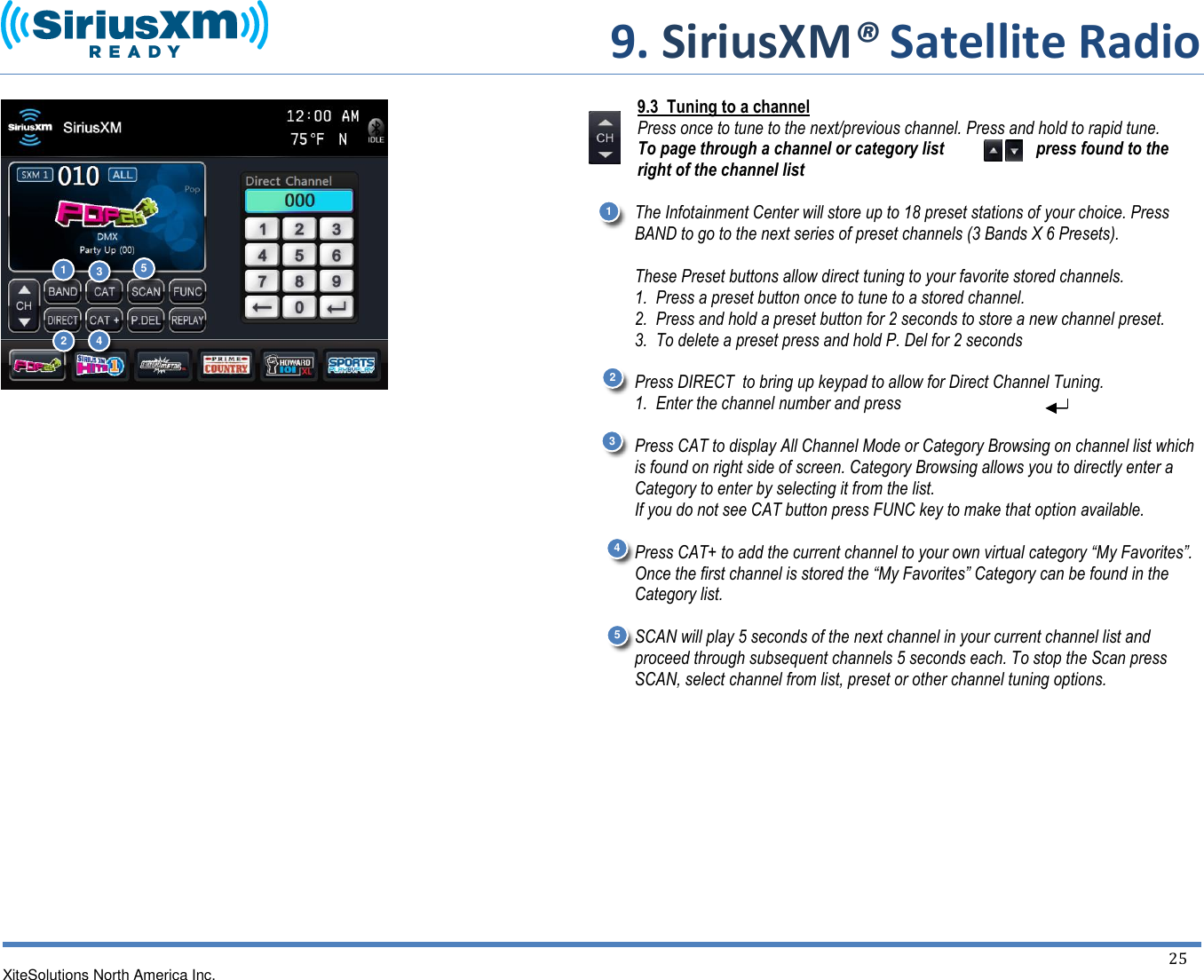     9. SiriusXM® Satellite Radio   XiteSolutions North America Inc.  25                                          9.3  Tuning to a channel Press once to tune to the next/previous channel. Press and hold to rapid tune. To page through a channel or category list  press found to the right of the channel list  The Infotainment Center will store up to 18 preset stations of your choice. Press BAND to go to the next series of preset channels (3 Bands X 6 Presets).  These Preset buttons allow direct tuning to your favorite stored channels.  1.  Press a preset button once to tune to a stored channel.  2.  Press and hold a preset button for 2 seconds to store a new channel preset. 3.  To delete a preset press and hold P. Del for 2 seconds  Press DIRECT  to bring up keypad to allow for Direct Channel Tuning.   1.  Enter the channel number and press   Press CAT to display All Channel Mode or Category Browsing on channel list which is found on right side of screen. Category Browsing allows you to directly enter a Category to enter by selecting it from the list. If you do not see CAT button press FUNC key to make that option available.  Press CAT+ to add the current channel to your own virtual category “My Favorites”. Once the first channel is stored the “My Favorites” Category can be found in the Category list.   SCAN will play 5 seconds of the next channel in your current channel list and proceed through subsequent channels 5 seconds each. To stop the Scan press SCAN, select channel from list, preset or other channel tuning options.     3 1 1 2 2 3 3 4 4 5 5 