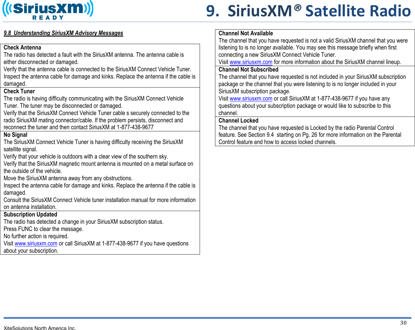       9.  SiriusXM® Satellite Radio XiteSolutions North America Inc.  30  9.8  Understanding SiriusXM Advisory Messages  Check Antenna The radio has detected a fault with the SiriusXM antenna. The antenna cable is either disconnected or damaged.  Verify that the antenna cable is connected to the SiriusXM Connect Vehicle Tuner. Inspect the antenna cable for damage and kinks. Replace the antenna if the cable is damaged. Check Tuner The radio is having difficulty communicating with the SiriusXM Connect Vehicle Tuner. The tuner may be disconnected or damaged.  Verify that the SiriusXM Connect Vehicle Tuner cable s securely connected to the radio SiriusXM mating connector/cable. If the problem persists, disconnect and reconnect the tuner and then contact SiriusXM at 1-877-438-9677 No Signal The SiriusXM Connect Vehicle Tuner is having difficulty receiving the SiriusXM satellite signal. Verify that your vehicle is outdoors with a clear view of the southern sky. Verify that the SiriusXM magnetic mount antenna is mounted on a metal surface on the outside of the vehicle. Move the SiriusXM antenna away from any obstructions. Inspect the antenna cable for damage and kinks. Replace the antenna if the cable is damaged. Consult the SiriusXM Connect Vehicle tuner installation manual for more information on antenna installation. Subscription Updated The radio has detected a change in your SiriusXM subscription status. Press FUNC to clear the message. No further action is required. Visit www.siriusxm.com or call SiriusXM at 1-877-438-9677 if you have questions about your subscription.          Channel Not Available  The channel that you have requested is not a valid SiriusXM channel that you were listening to is no longer available. You may see this message briefly when first connecting a new SiriusXM Connect Vehicle Tuner. Visit www.siriusxm.com for more information about the SiriusXM channel lineup. Channel Not Subscribed The channel that you have requested is not included in your SiriusXM subscription package or the channel that you were listening to is no longer included in your SiriusXM subscription package.  Visit www.siriusxm.com or call SiriusXM at 1-877-438-9677 if you have any questions about your subscription package or would like to subscribe to this channel. Channel Locked The channel that you have requested is Locked by the radio Parental Control feature. See Section 9.4  starting on Pg. 26 for more information on the Parental Control feature and how to access locked channels.            