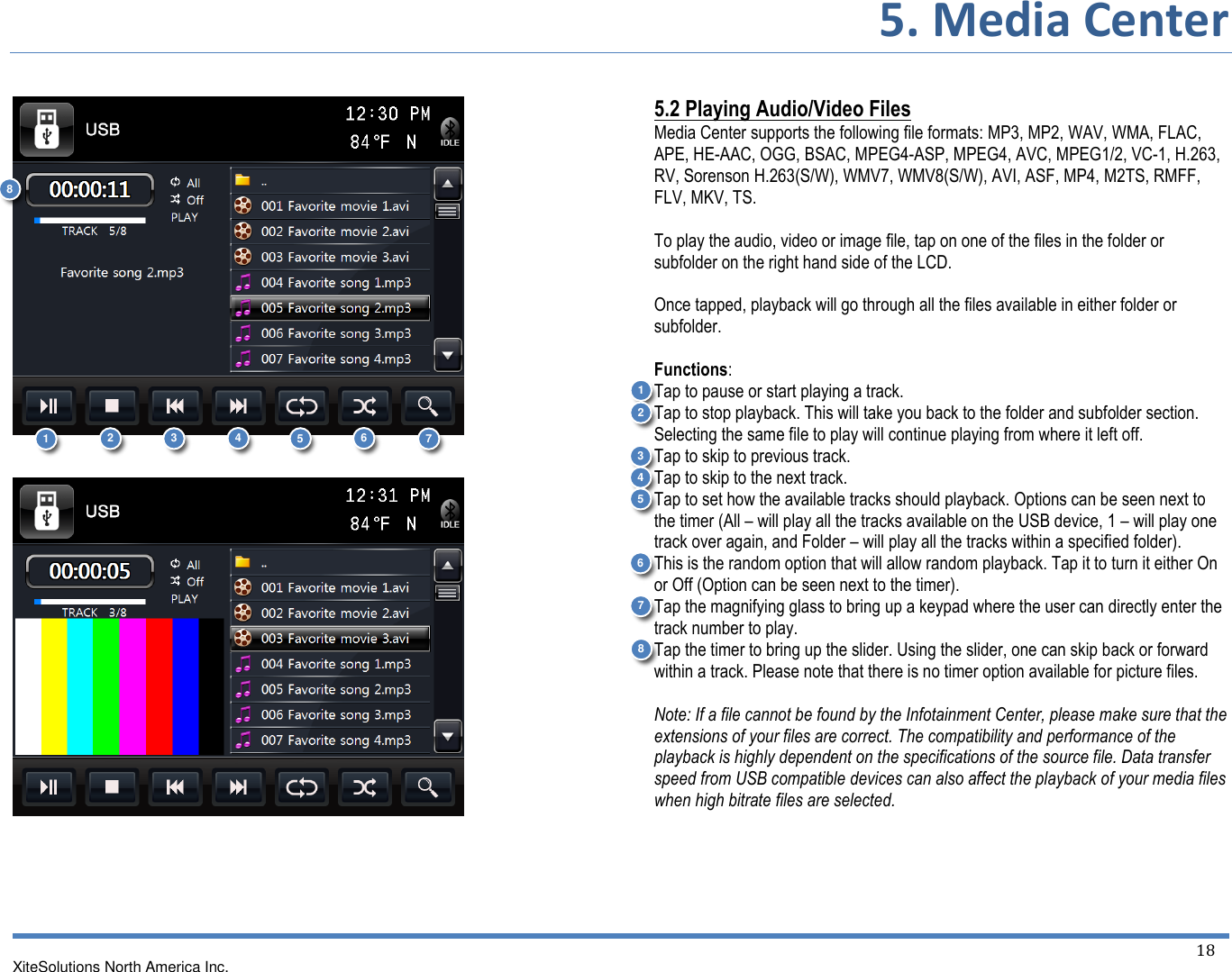 5. Media Center XiteSolutions North America Inc.  18             5.2 Playing Audio/Video Files Media Center supports the following file formats: MP3, MP2, WAV, WMA, FLAC, APE, HE-AAC, OGG, BSAC, MPEG4-ASP, MPEG4, AVC, MPEG1/2, VC-1, H.263, RV, Sorenson H.263(S/W), WMV7, WMV8(S/W), AVI, ASF, MP4, M2TS, RMFF, FLV, MKV, TS.  To play the audio, video or image file, tap on one of the files in the folder or subfolder on the right hand side of the LCD.  Once tapped, playback will go through all the files available in either folder or subfolder.  Functions: Tap to pause or start playing a track. Tap to stop playback. This will take you back to the folder and subfolder section. Selecting the same file to play will continue playing from where it left off. Tap to skip to previous track. Tap to skip to the next track. Tap to set how the available tracks should playback. Options can be seen next to the timer (All – will play all the tracks available on the USB device, 1 – will play one track over again, and Folder – will play all the tracks within a specified folder). This is the random option that will allow random playback. Tap it to turn it either On or Off (Option can be seen next to the timer). Tap the magnifying glass to bring up a keypad where the user can directly enter the track number to play. Tap the timer to bring up the slider. Using the slider, one can skip back or forward within a track. Please note that there is no timer option available for picture files.  Note: If a file cannot be found by the Infotainment Center, please make sure that the extensions of your files are correct. The compatibility and performance of the playback is highly dependent on the specifications of the source file. Data transfer speed from USB compatible devices can also affect the playback of your media files when high bitrate files are selected.     1 2 3 7 6 5 4 8 1 2 3 4 5 6 7 8 