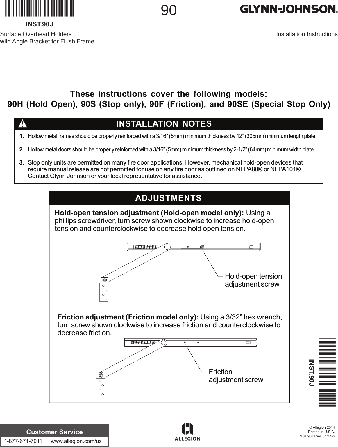 Page 1 of 4 - Glynn Johnson  90J Series, 90 Series With Angle Jamb Bracket Installation Instructions 108151