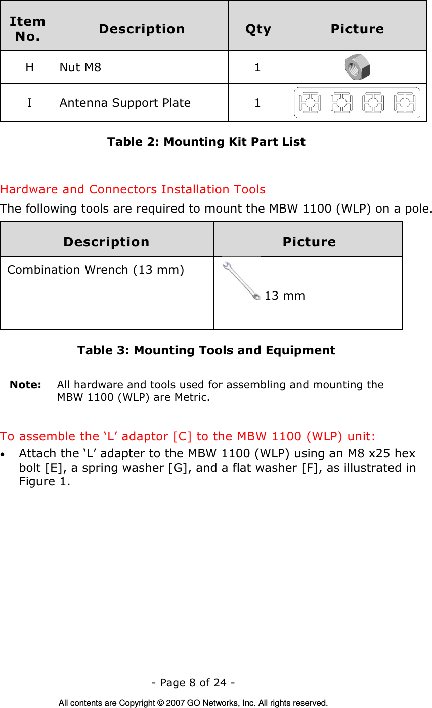   - Page 8 of 24 -  All contents are Copyright © 2007 GO Networks, Inc. All rights reserved. Item No.  Description  Qty  Picture H  Nut M8  1   I  Antenna Support Plate  1  Table 2: Mounting Kit Part List  Hardware and Connectors Installation Tools The following tools are required to mount the MBW 1100 (WLP) on a pole. Description  Picture Combination Wrench (13 mm)  13 mm   Table 3: Mounting Tools and Equipment  Note:  All hardware and tools used for assembling and mounting the  MBW 1100 (WLP) are Metric.  To assemble the ‘L’ adaptor [C] to the MBW 1100 (WLP) unit:  • Attach the ‘L’ adapter to the MBW 1100 (WLP) using an M8 x25 hex bolt [E], a spring washer [G], and a flat washer [F], as illustrated in Figure 1.      