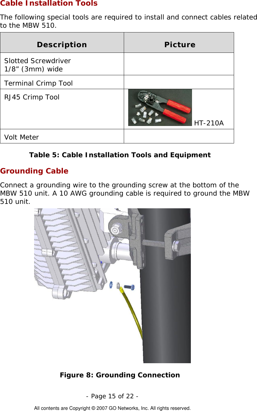  Cable Installation Tools The following special tools are required to install and connect cables related to the MBW 510. Description  Picture Slotted Screwdriver  1/8” (3mm) wide  Terminal Crimp Tool   RJ45 Crimp Tool  HT-210A Volt Meter   Table 5: Cable Installation Tools and Equipment Grounding Cable Connect a grounding wire to the grounding screw at the bottom of the MBW 510 unit. A 10 AWG grounding cable is required to ground the MBW 510 unit.   Figure 8: Grounding Connection  - Page 15 of 22 -  All contents are Copyright © 2007 GO Networks, Inc. All rights reserved. 