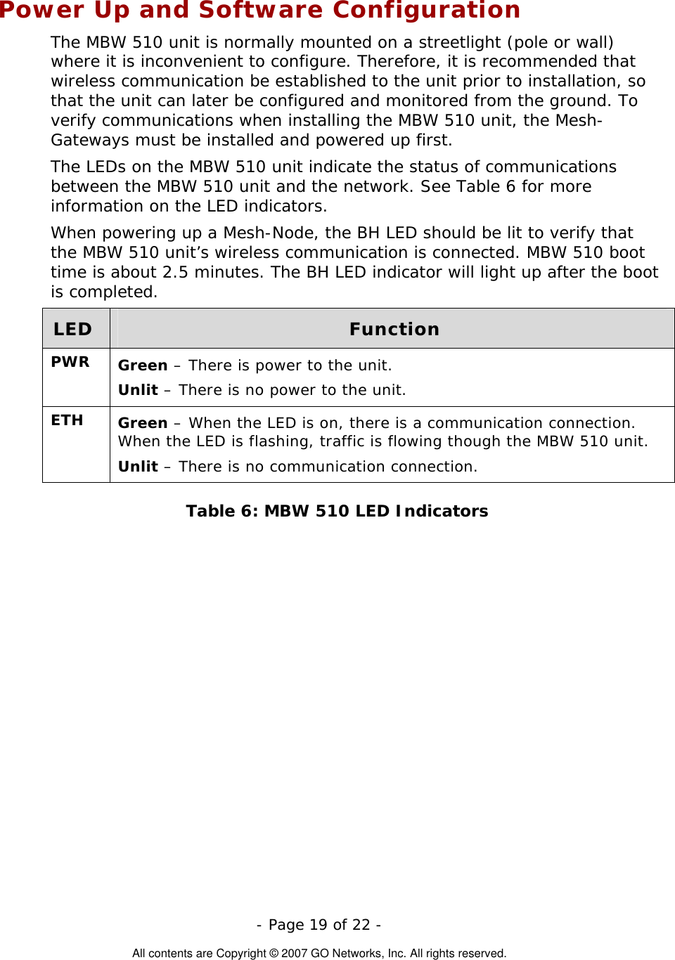   - Page 19 of 22 -  All contents are Copyright © 2007 GO Networks, Inc. All rights reserved. Power Up and Software Configuration The MBW 510 unit is normally mounted on a streetlight (pole or wall) where it is inconvenient to configure. Therefore, it is recommended that wireless communication be established to the unit prior to installation, so that the unit can later be configured and monitored from the ground. To verify communications when installing the MBW 510 unit, the Mesh-Gateways must be installed and powered up first.  The LEDs on the MBW 510 unit indicate the status of communications between the MBW 510 unit and the network. See Table 6 for more information on the LED indicators. When powering up a Mesh-Node, the BH LED should be lit to verify that the MBW 510 unit’s wireless communication is connected. MBW 510 boot time is about 2.5 minutes. The BH LED indicator will light up after the boot is completed.  LED  Function PWR  Green – There is power to the unit. Unlit – There is no power to the unit. ETH  Green – When the LED is on, there is a communication connection. When the LED is flashing, traffic is flowing though the MBW 510 unit. Unlit – There is no communication connection. Table 6: MBW 510 LED Indicators 