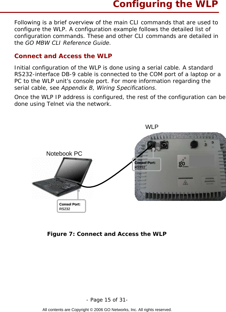   - Page 15 of 31-  All contents are Copyright © 2006 GO Networks, Inc. All rights reserved.  Configuring the WLP Following is a brief overview of the main CLI commands that are used to configure the WLP. A configuration example follows the detailed list of configuration commands. These and other CLI commands are detailed in the GO MBW CLI Reference Guide. Connect and Access the WLP Initial configuration of the WLP is done using a serial cable. A standard RS232-interface DB-9 cable is connected to the COM port of a laptop or a PC to the WLP unit’s console port. For more information regarding the serial cable, see Appendix B, Wiring Specifications. Once the WLP IP address is configured, the rest of the configuration can be done using Telnet via the network.   Figure 7: Connect and Access the WLP Notebook PCConsol Port:RS232Consol Port:RS232Consol Port:RS232Consol Port:RS232WLP