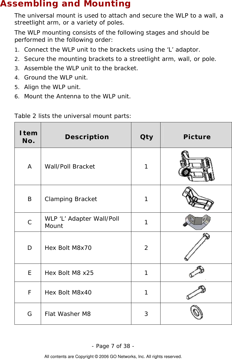   - Page 7 of 38 -  All contents are Copyright © 2006 GO Networks, Inc. All rights reserved. Assembling and Mounting The universal mount is used to attach and secure the WLP to a wall, a streetlight arm, or a variety of poles.  The WLP mounting consists of the following stages and should be performed in the following order: 1.  Connect the WLP unit to the brackets using the ‘L’ adaptor. 2.  Secure the mounting brackets to a streetlight arm, wall, or pole. 3.  Assemble the WLP unit to the bracket. 4.  Ground the WLP unit. 5.  Align the WLP unit. 6.  Mount the Antenna to the WLP unit.  Table 2 lists the universal mount parts:  Item No.  Description  Qty  Picture A Wall/Poll Bracket  1  B Clamping Bracket  1   C  WLP ‘L’ Adapter Wall/Poll Mount  1   D Hex Bolt M8x70  2  E  Hex Bolt M8 x25  1   F Hex Bolt M8x40  1   G Flat Washer M8  3   