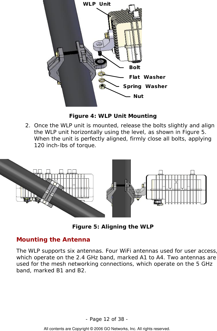   - Page 12 of 38 -  All contents are Copyright © 2006 GO Networks, Inc. All rights reserved. WLP UnitBoltFlat WasherNutSpring Washer Figure 4: WLP Unit Mounting 2.  Once the WLP unit is mounted, release the bolts slightly and align the WLP unit horizontally using the level, as shown in Figure 5. When the unit is perfectly aligned, firmly close all bolts, applying 120 inch-lbs of torque.           Figure 5: Aligning the WLP Mounting the Antenna The WLP supports six antennas. Four WiFi antennas used for user access, which operate on the 2.4 GHz band, marked A1 to A4. Two antennas are used for the mesh networking connections, which operate on the 5 GHz band, marked B1 and B2. 