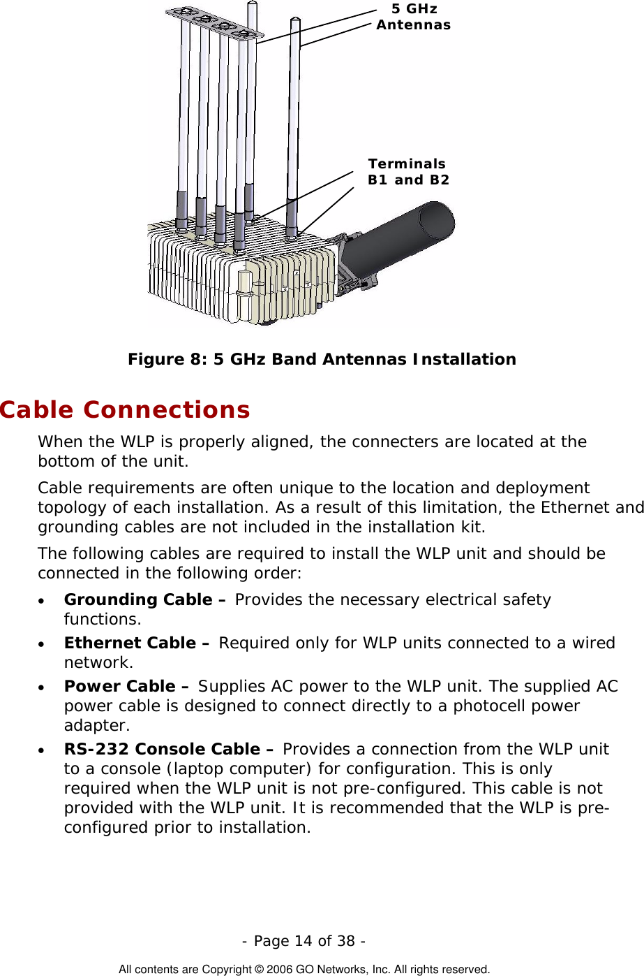   - Page 14 of 38 -  All contents are Copyright © 2006 GO Networks, Inc. All rights reserved. TerminalsB1 and B25 GHzAntennas Figure 8: 5 GHz Band Antennas Installation Cable Connections When the WLP is properly aligned, the connecters are located at the bottom of the unit.  Cable requirements are often unique to the location and deployment topology of each installation. As a result of this limitation, the Ethernet and grounding cables are not included in the installation kit.  The following cables are required to install the WLP unit and should be connected in the following order: •  Grounding Cable – Provides the necessary electrical safety functions. •  Ethernet Cable – Required only for WLP units connected to a wired network. •  Power Cable – Supplies AC power to the WLP unit. The supplied AC power cable is designed to connect directly to a photocell power adapter.  •  RS-232 Console Cable – Provides a connection from the WLP unit to a console (laptop computer) for configuration. This is only required when the WLP unit is not pre-configured. This cable is not provided with the WLP unit. It is recommended that the WLP is pre-configured prior to installation. 