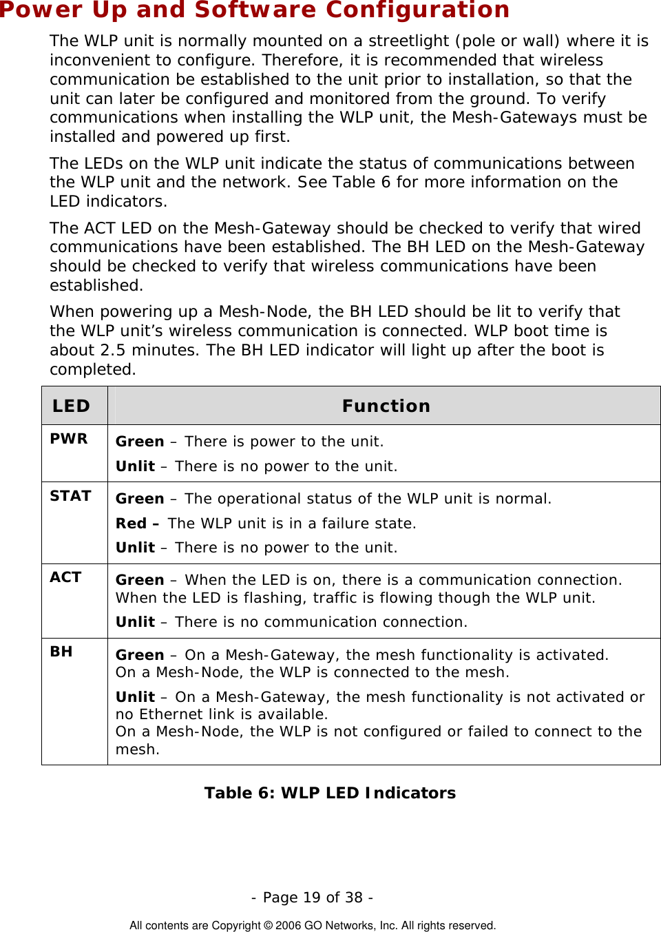   - Page 19 of 38 -  All contents are Copyright © 2006 GO Networks, Inc. All rights reserved. Power Up and Software Configuration The WLP unit is normally mounted on a streetlight (pole or wall) where it is inconvenient to configure. Therefore, it is recommended that wireless communication be established to the unit prior to installation, so that the unit can later be configured and monitored from the ground. To verify communications when installing the WLP unit, the Mesh-Gateways must be installed and powered up first.  The LEDs on the WLP unit indicate the status of communications between the WLP unit and the network. See Table 6 for more information on the LED indicators. The ACT LED on the Mesh-Gateway should be checked to verify that wired communications have been established. The BH LED on the Mesh-Gateway should be checked to verify that wireless communications have been established. When powering up a Mesh-Node, the BH LED should be lit to verify that the WLP unit’s wireless communication is connected. WLP boot time is about 2.5 minutes. The BH LED indicator will light up after the boot is completed.  LED  Function PWR  Green – There is power to the unit. Unlit – There is no power to the unit. STAT  Green – The operational status of the WLP unit is normal. Red – The WLP unit is in a failure state. Unlit – There is no power to the unit. ACT  Green – When the LED is on, there is a communication connection. When the LED is flashing, traffic is flowing though the WLP unit. Unlit – There is no communication connection. BH  Green – On a Mesh-Gateway, the mesh functionality is activated.  On a Mesh-Node, the WLP is connected to the mesh. Unlit – On a Mesh-Gateway, the mesh functionality is not activated or no Ethernet link is available.  On a Mesh-Node, the WLP is not configured or failed to connect to the mesh. Table 6: WLP LED Indicators 