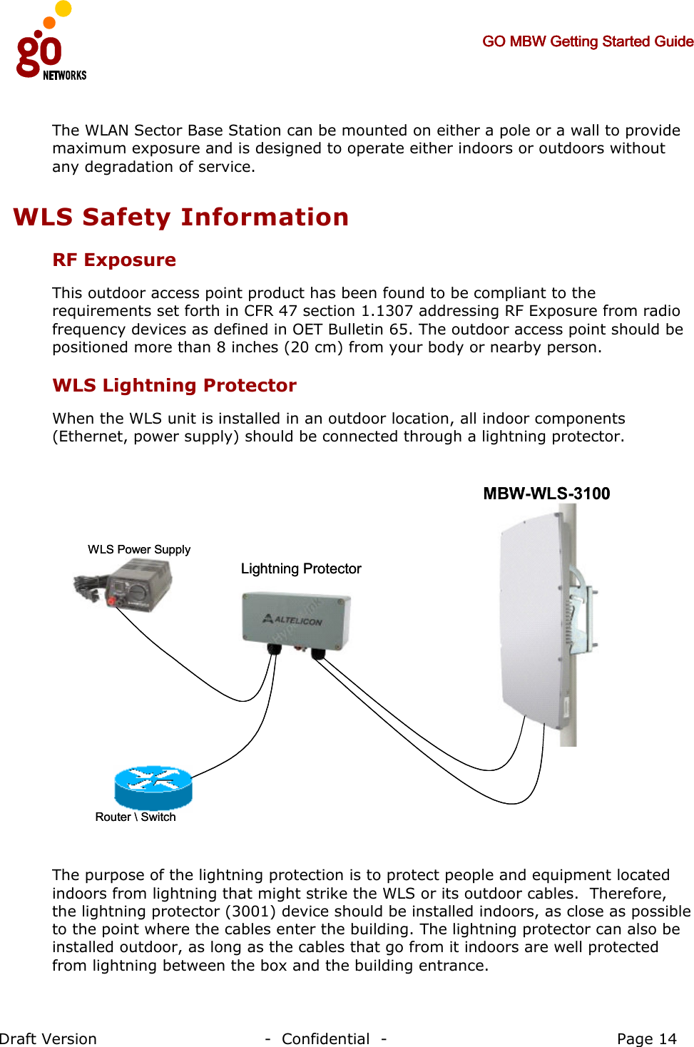     GO MBW Getting Started GuideGO MBW Getting Started GuideGO MBW Getting Started GuideGO MBW Getting Started Guide     Draft Version                                -  Confidential  -                                            Page 14  The WLAN Sector Base Station can be mounted on either a pole or a wall to provide maximum exposure and is designed to operate either indoors or outdoors without any degradation of service. WLS Safety Information RF Exposure  This outdoor access point product has been found to be compliant to the requirements set forth in CFR 47 section 1.1307 addressing RF Exposure from radio frequency devices as defined in OET Bulletin 65. The outdoor access point should be positioned more than 8 inches (20 cm) from your body or nearby person. WLS Lightning Protector When the WLS unit is installed in an outdoor location, all indoor components (Ethernet, power supply) should be connected through a lightning protector.   WLS Power SupplyMBW-WLS-3100Router \ SwitchLightning ProtectorWLS Power SupplyMBW-WLS-3100Router \ SwitchLightning Protector  The purpose of the lightning protection is to protect people and equipment located indoors from lightning that might strike the WLS or its outdoor cables.  Therefore, the lightning protector (3001) device should be installed indoors, as close as possible to the point where the cables enter the building. The lightning protector can also be installed outdoor, as long as the cables that go from it indoors are well protected from lightning between the box and the building entrance.  