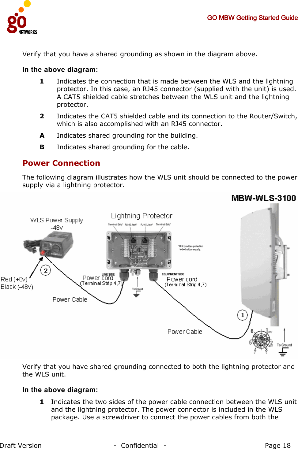     GO MBW Getting Started GuideGO MBW Getting Started GuideGO MBW Getting Started GuideGO MBW Getting Started Guide     Draft Version                                -  Confidential  -                                            Page 18  2 Verify that you have a shared grounding as shown in the diagram above. In the above diagram: 1   Indicates the connection that is made between the WLS and the lightning protector. In this case, an RJ45 connector (supplied with the unit) is used. A CAT5 shielded cable stretches between the WLS unit and the lightning protector. 2   Indicates the CAT5 shielded cable and its connection to the Router/Switch, which is also accomplished with an RJ45 connector.  A  Indicates shared grounding for the building. B  Indicates shared grounding for the cable. Power Connection The following diagram illustrates how the WLS unit should be connected to the power supply via a lightning protector.    Verify that you have shared grounding connected to both the lightning protector and the WLS unit. In the above diagram: 1 Indicates the two sides of the power cable connection between the WLS unit and the lightning protector. The power connector is included in the WLS package. Use a screwdriver to connect the power cables from both the 