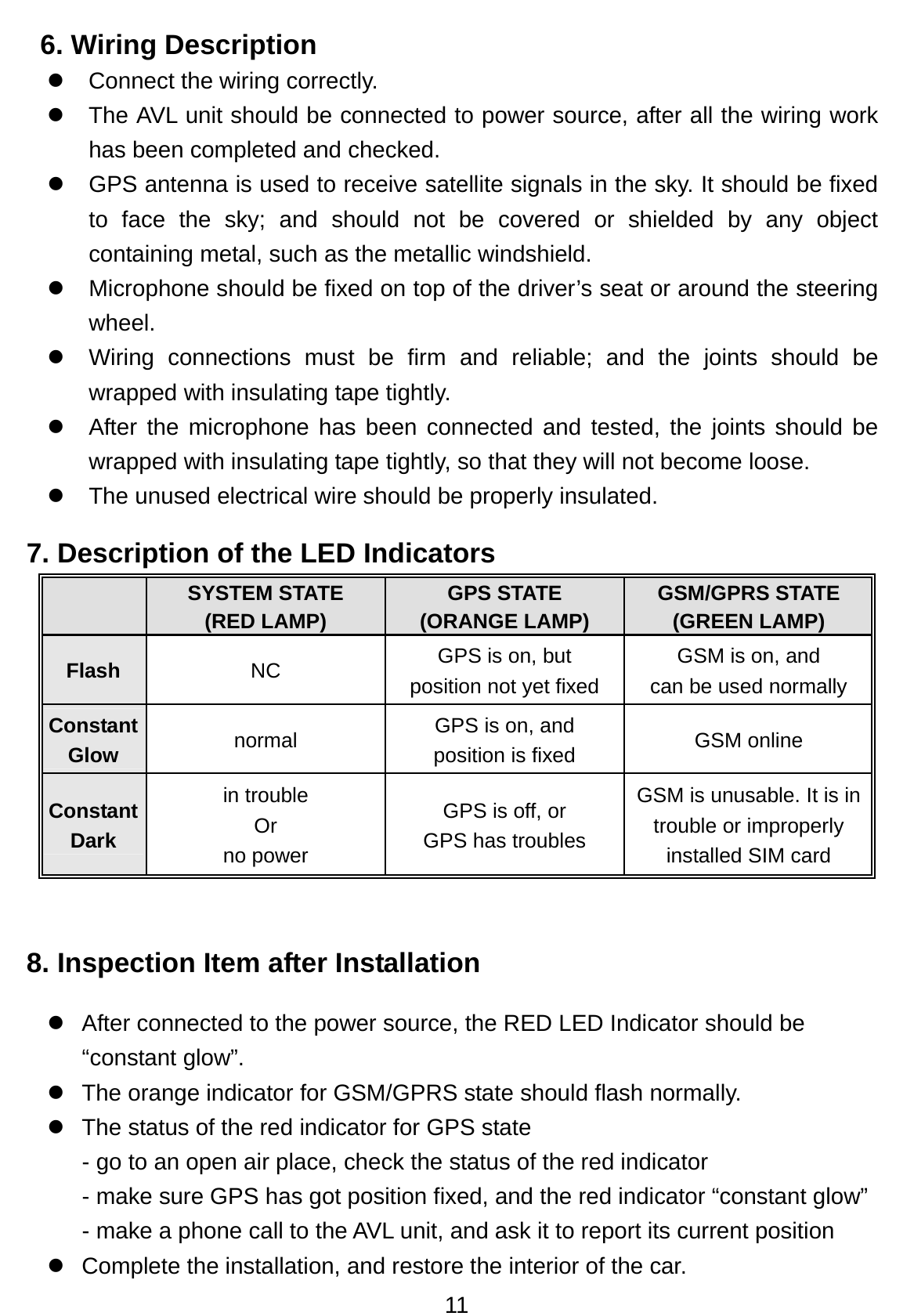 11 6. Wiring Description z  Connect the wiring correctly. z  The AVL unit should be connected to power source, after all the wiring work has been completed and checked. z  GPS antenna is used to receive satellite signals in the sky. It should be fixed to face the sky; and should not be covered or shielded by any object containing metal, such as the metallic windshield. z  Microphone should be fixed on top of the driver’s seat or around the steering wheel. z  Wiring connections must be firm and reliable; and the joints should be wrapped with insulating tape tightly. z  After the microphone has been connected and tested, the joints should be wrapped with insulating tape tightly, so that they will not become loose. z  The unused electrical wire should be properly insulated. 7. Description of the LED Indicators  SYSTEM STATE (RED LAMP)  GPS STATE (ORANGE LAMP)  GSM/GPRS STATE (GREEN LAMP) Flash  NC  GPS is on, but   position not yet fixed GSM is on, and can be used normally Constant Glow  normal  GPS is on, and position is fixed  GSM online   Constant Dark in trouble Or no power GPS is off, or   GPS has troubles GSM is unusable. It is in trouble or improperly installed SIM card  8. Inspection Item after Installation z  After connected to the power source, the RED LED Indicator should be “constant glow”.   z The orange indicator for GSM/GPRS state should flash normally.   z  The status of the red indicator for GPS state   - go to an open air place, check the status of the red indicator   - make sure GPS has got position fixed, and the red indicator “constant glow”     - make a phone call to the AVL unit, and ask it to report its current position   z  Complete the installation, and restore the interior of the car. 