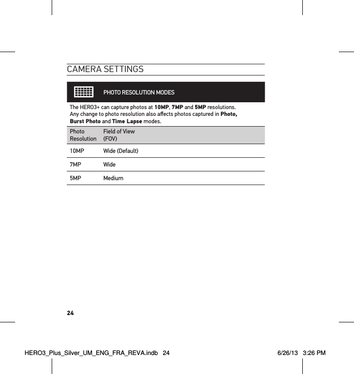 24cameRa settInGs      PHOTO RESOLUTION MODESThe HERO3+ can capture photos at 10MP, 7MP and 5MP resolutions.  Any change to photo resolution also aﬀects photos captured in Photo,  Burst Photo and Time Lapse modes.Photo  ResolutionField of View (FOV)10MP Wide (Default)7MP Wide5MP MediumHERO3_Plus_Silver_UM_ENG_FRA_REVA.indb   24 6/26/13   3:26 PM