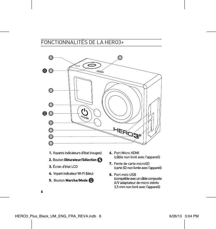 6Fonctionnalités de la Hero3+1. Voyants indicateurs d’état (rouges)2. Bouton Obturateur/Sélection  3. Écran d’état LCD4.   Voyant indicateur Wi-Fi (bleu)  5.   Bouton Marche/Mode  6.   Port Micro HDMI   (câble non livré avec l’appareil)7.   Fente de carte microSD  (carte SD non livrée avec l’appareil)8.   Port mini-USB  (compatible avec un câble composite    A/V adaptateur de micro stéréo   3,5 mm non livré avec l’appareil) HERO3_Plus_Black_UM_ENG_FRA_REVA.indb   6 6/26/13   3:04 PM