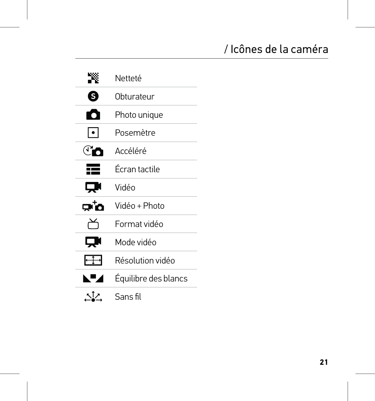 21NettetéObturateurPhoto uniquePosemètreAccéléréÉcran tactileVidéoVidéo + PhotoFormat vidéoMode vidéoRésolution vidéoÉquilibre des blancsSans ﬁl/ Icônes de la caméra