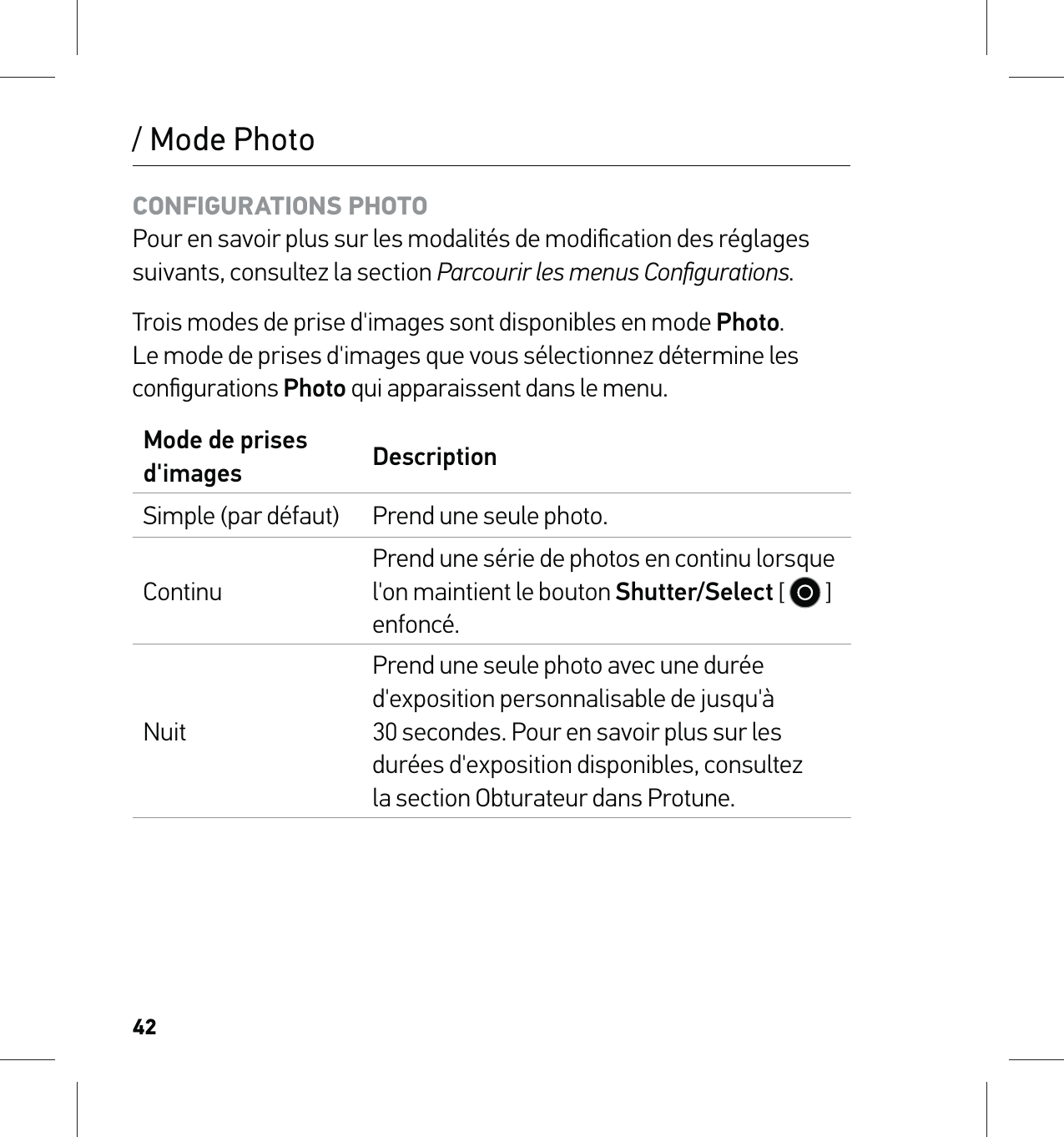 42/ Mode PhotoCONFIGURATIONS PHOTO Pour en savoir plus sur les modalités de modiﬁcation des réglages suivants, consultez la section Parcourir les menus Conﬁgurations.Trois modes de prise d&apos;images sont disponibles en mode Photo. Le mode de prises d&apos;images que vous sélectionnez détermine les conﬁgurations Photo qui apparaissent dans le menu.Mode de prises d&apos;images DescriptionSimple (par défaut) Prend une seule photo.ContinuPrend une série de photos en continu lorsque l&apos;on maintient le bouton Shutter/Select [   ] enfoncé. NuitPrend une seule photo avec une durée d&apos;exposition personnalisable de jusqu&apos;à 30 secondes. Pour en savoir plus sur les durées d&apos;exposition disponibles, consultez  la section Obturateur dans Protune.