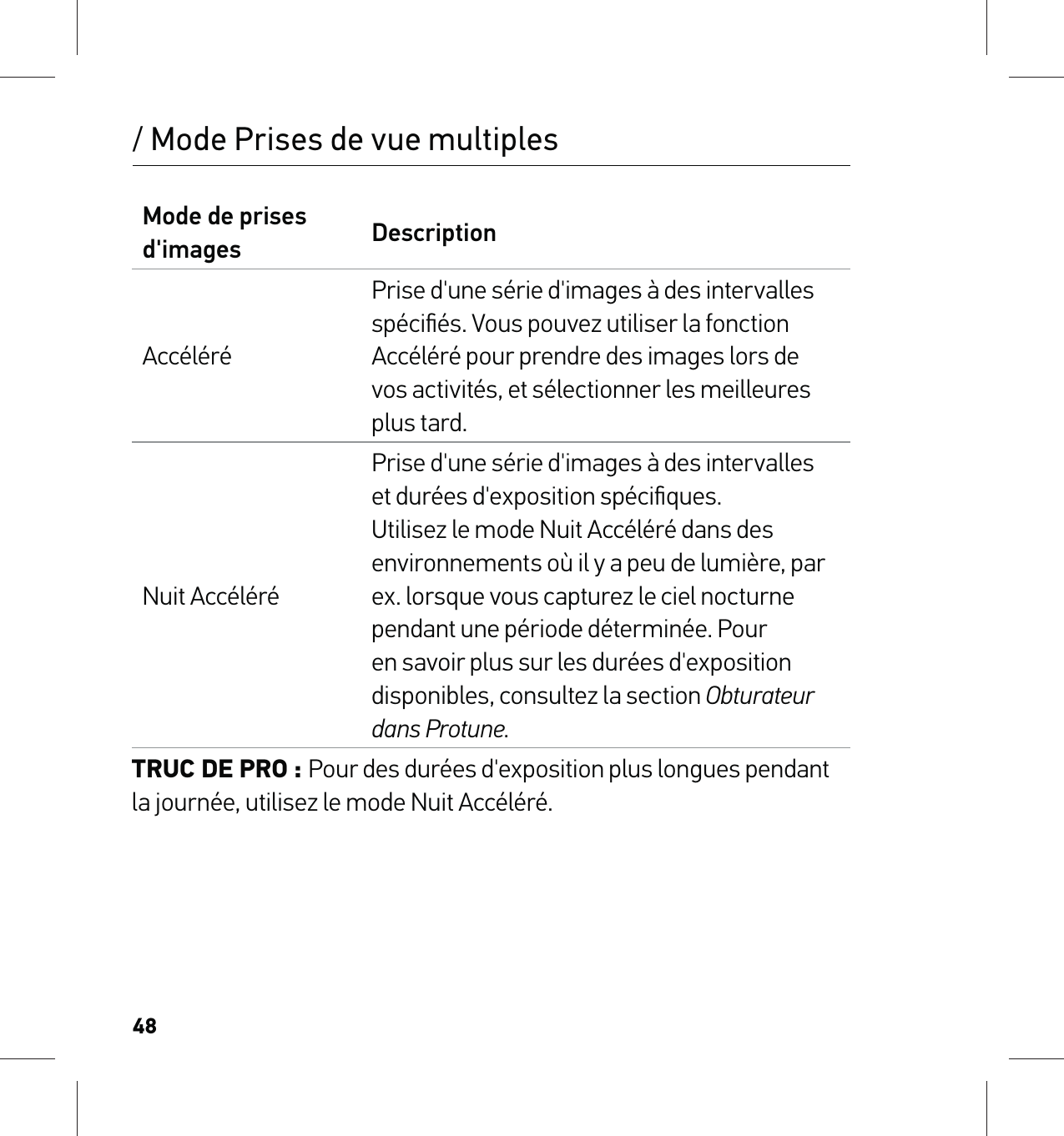 48Mode de prises d&apos;images DescriptionAccéléréPrise d&apos;une série d&apos;images à des intervalles spéciﬁés. Vous pouvez utiliser la fonction Accéléré pour prendre des images lors de vos activités, et sélectionner les meilleures plus tard.Nuit AccéléréPrise d&apos;une série d&apos;images à des intervalles et durées d&apos;exposition spéciﬁques. Utilisez le mode Nuit Accéléré dans des environnements où il y a peu de lumière, par ex. lorsque vous capturez le ciel nocturne pendant une période déterminée. Pour en savoir plus sur les durées d&apos;exposition disponibles, consultez la section Obturateur dans Protune.TRUC DE PRO : Pour des durées d&apos;exposition plus longues pendant la journée, utilisez le mode Nuit Accéléré./ Mode Prises de vue multiples