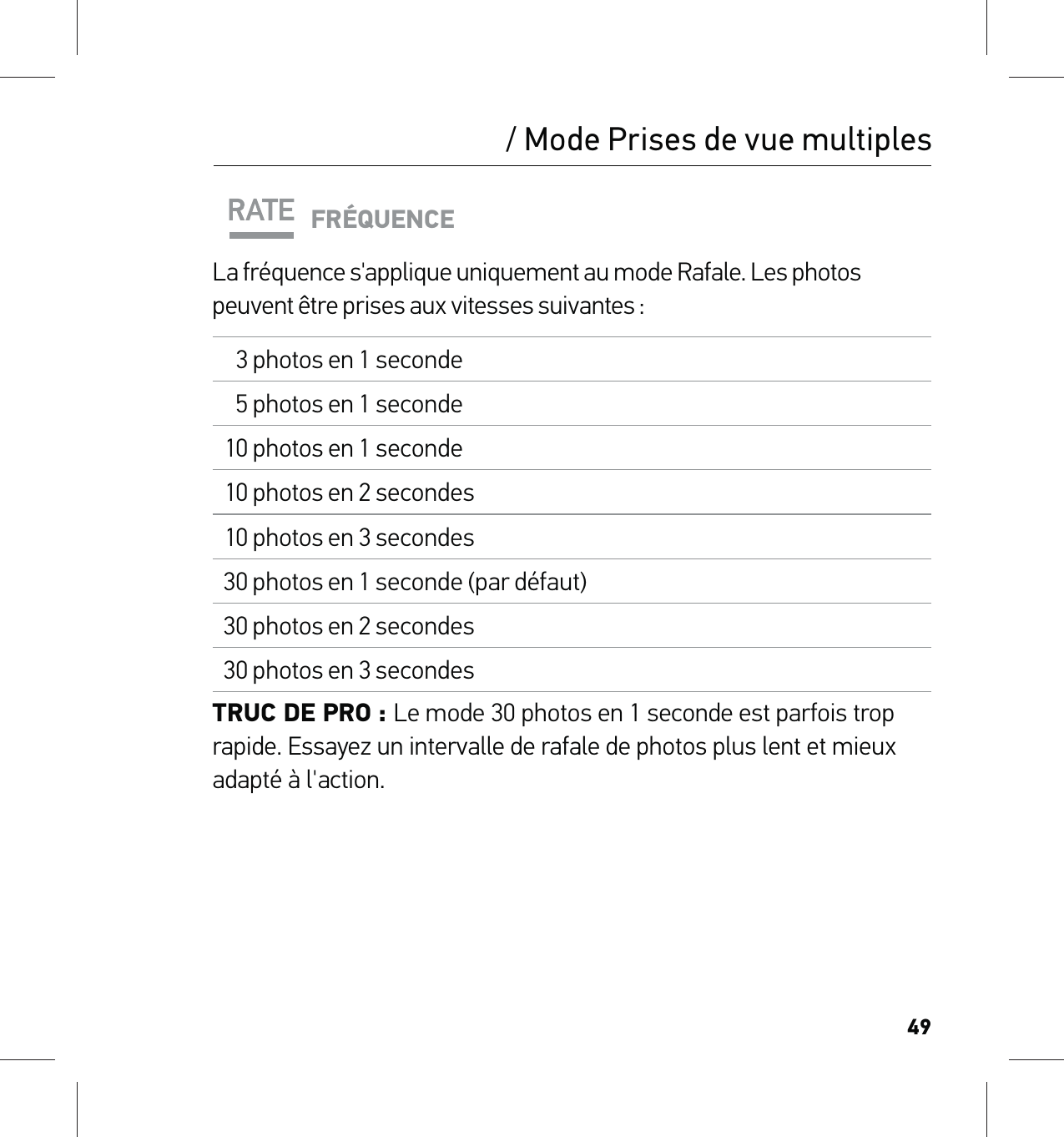 49/ Mode Prises de vue multiplesFRÉQUENCELa fréquence s&apos;applique uniquement au mode Rafale. Les photos peuvent être prises aux vitesses suivantes :3 photos en 1 seconde5 photos en 1 seconde10 photos en 1 seconde10 photos en 2 secondes10 photos en 3 secondes30 photos en 1 seconde (par défaut)30 photos en 2 secondes30 photos en 3 secondesTRUC DE PRO : Le mode 30 photos en 1 seconde est parfois trop rapide. Essayez un intervalle de rafale de photos plus lent et mieux adapté à l&apos;action.