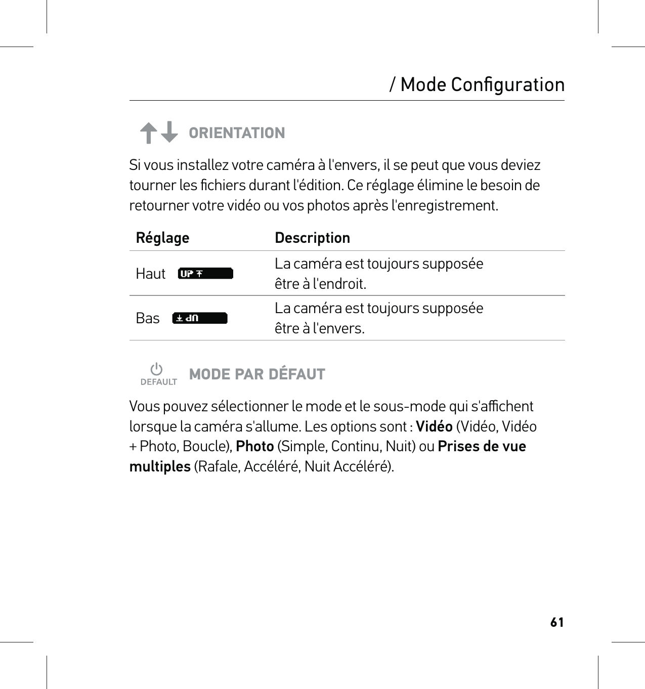 61ORIENTATIONSi vous installez votre caméra à l&apos;envers, il se peut que vous deviez tourner les ﬁchiers durant l&apos;édition. Ce réglage élimine le besoin de retourner votre vidéo ou vos photos après l&apos;enregistrement.Réglage DescriptionHaut     La caméra est toujours supposée  être à l&apos;endroit.Bas     La caméra est toujours supposée  être à l&apos;envers.MODE PAR DÉFAUTVous pouvez sélectionner le mode et le sous-mode qui s&apos;aﬃchent lorsque la caméra s&apos;allume. Les options sont : Vidéo (Vidéo, Vidéo + Photo, Boucle), Photo (Simple, Continu, Nuit) ou Prises de vue multiples (Rafale, Accéléré, Nuit Accéléré)./ Mode Conﬁguration