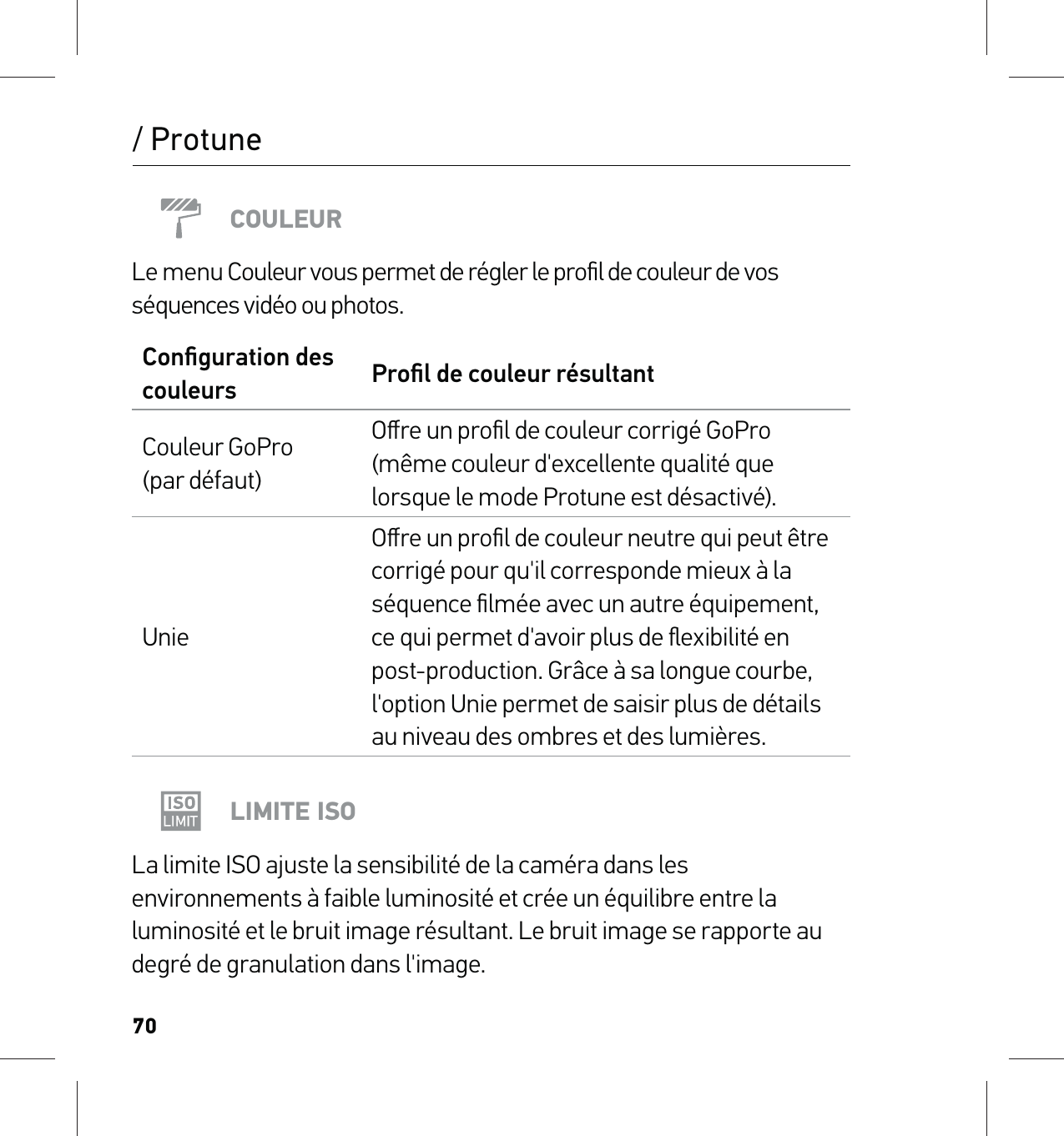 70/ ProtuneCOULEURLe menu Couleur vous permet de régler le proﬁl de couleur de vos séquences vidéo ou photos.Conﬁguration des couleurs Proﬁl de couleur résultantCouleur GoPro (par défaut)Oﬀre un proﬁl de couleur corrigé GoPro (même couleur d&apos;excellente qualité que lorsque le mode Protune est désactivé).UnieOﬀre un proﬁl de couleur neutre qui peut être corrigé pour qu&apos;il corresponde mieux à la séquence ﬁlmée avec un autre équipement, ce qui permet d&apos;avoir plus de ﬂexibilité en post-production. Grâce à sa longue courbe, l&apos;option Unie permet de saisir plus de détails au niveau des ombres et des lumières.LIMITE ISOLa limite ISO ajuste la sensibilité de la caméra dans les environnements à faible luminosité et crée un équilibre entre la luminosité et le bruit image résultant. Le bruit image se rapporte au degré de granulation dans l&apos;image.