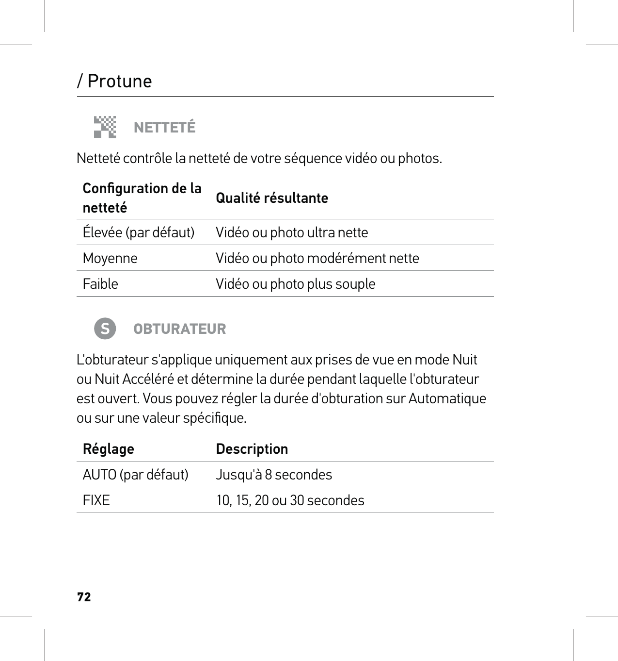 72/ ProtuneNETTETÉNetteté contrôle la netteté de votre séquence vidéo ou photos.Conﬁguration de la netteté Qualité résultanteÉlevée (par défaut) Vidéo ou photo ultra netteMoyenne Vidéo ou photo modérément netteFaible Vidéo ou photo plus soupleOBTURATEURL&apos;obturateur s&apos;applique uniquement aux prises de vue en mode Nuit ou Nuit Accéléré et détermine la durée pendant laquelle l&apos;obturateur est ouvert. Vous pouvez régler la durée d&apos;obturation sur Automatique ou sur une valeur spéciﬁque.Réglage DescriptionAUTO (par défaut) Jusqu&apos;à 8 secondesFIXE 10, 15, 20 ou 30 secondes