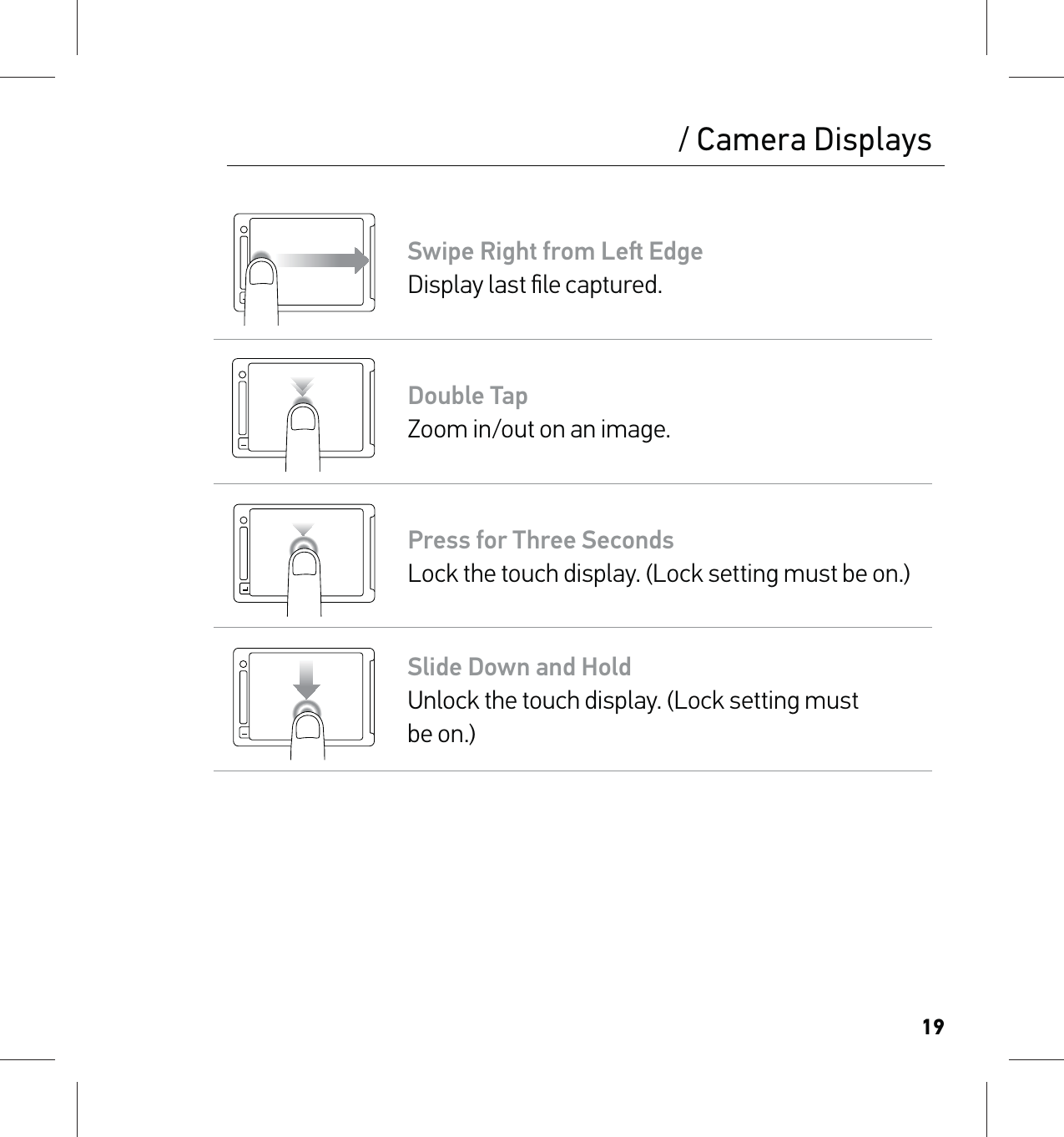 19Swipe Right from Le Edge Display last ﬁle captured.Double Tap Zoom in/out on an image.Press for Three Seconds Lock the touch display. (Lock setting must be on.)Slide Down and Hold  Unlock the touch display. (Lock setting must  be on.)/ Camera Displays