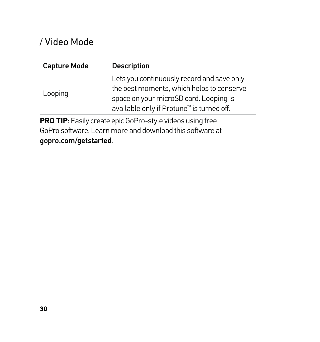 30/ Video ModeCapture Mode DescriptionLoopingLets you continuously record and save only the best moments, which helps to conserve space on your microSD card. Looping is available only if Protune™ is turned oﬀ.PRO TIP: Easily create epic GoPro-style videos using free  GoPro soware. Learn more and download this soware at  gopro.com/getstarted.