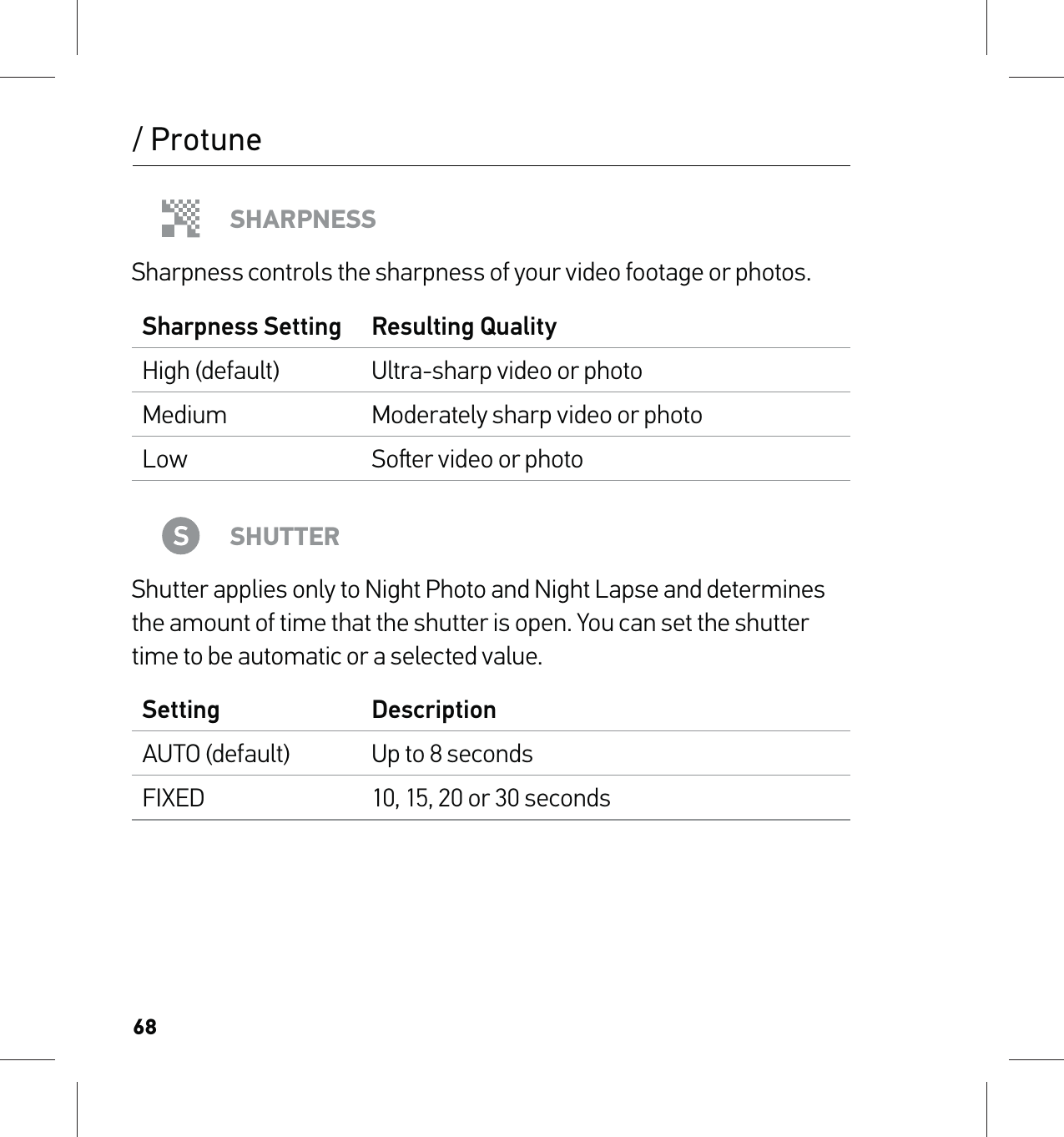 68/ ProtuneSHARPNESSSharpness controls the sharpness of your video footage or photos.Sharpness Setting Resulting QualityHigh (default) Ultra-sharp video or photoMedium Moderately sharp video or photoLow Soer video or photoSHUTTERShutter applies only to Night Photo and Night Lapse and determines the amount of time that the shutter is open. You can set the shutter time to be automatic or a selected value.Setting DescriptionAUTO (default) Up to 8 secondsFIXED 10, 15, 20 or 30 seconds