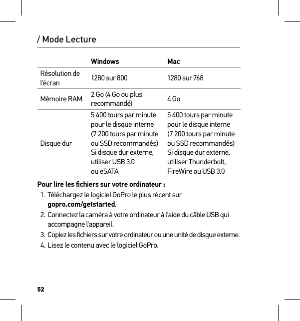 52/ Mode LectureWindows MacRésolution de l&apos;écran 1280 sur 800 1280 sur 768Mémoire RAM 2 Go (4 Go ou plus recommandé) 4 GoDisque dur5 400 tours par minute  pour le disque interne (7 200 tours par minute ou SSD recommandés)  Si disque dur externe, utiliser USB 3.0  ou eSATA5 400 tours par minute  pour le disque interne (7 200 tours par minute ou SSD recommandés)  Si disque dur externe, utiliser Thunderbolt, FireWire ou USB 3.0Pour lire les ﬁchiers sur votre ordinateur :1.  Téléchargez le logiciel GoPro le plus récent sur  gopro.com/getstarted.2.  Connectez la caméra à votre ordinateur à l&apos;aide du câble USB qui accompagne l&apos;appareil.3. Copiez les ﬁchiers sur votre ordinateur ou une unité de disque externe.4. Lisez le contenu avec le logiciel GoPro.