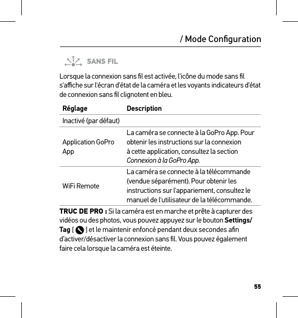 55/ Mode ConﬁgurationSANS FILLorsque la connexion sans ﬁl est activée, l&apos;icône du mode sans ﬁl s&apos;aﬃche sur l&apos;écran d&apos;état de la caméra et les voyants indicateurs d&apos;état de connexion sans ﬁl clignotent en bleu. Réglage  DescriptionInactivé (par défaut)Application GoPro AppLa caméra se connecte à la GoPro App. Pour obtenir les instructions sur la connexion à cette application, consultez la section Connexion à la GoPro App.WiFi RemoteLa caméra se connecte à la télécommande (vendue séparément). Pour obtenir les instructions sur l&apos;appariement, consultez le manuel de l&apos;utilisateur de la télécommande.TRUC DE PRO : Si la caméra est en marche et prête à capturer des vidéos ou des photos, vous pouvez appuyez sur le bouton Settings/Tag [   ] et le maintenir enfoncé pendant deux secondes aﬁn d’activer/désactiver la connexion sans ﬁl. Vous pouvez également faire cela lorsque la caméra est éteinte.