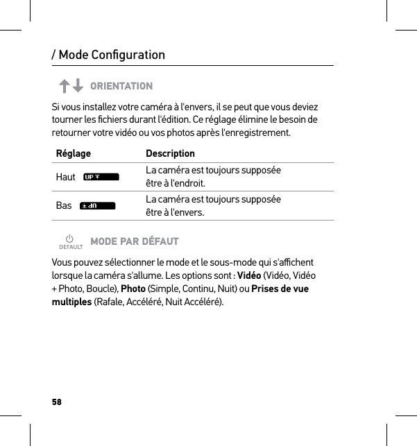 58ORIENTATIONSi vous installez votre caméra à l&apos;envers, il se peut que vous deviez tourner les ﬁchiers durant l&apos;édition. Ce réglage élimine le besoin de retourner votre vidéo ou vos photos après l&apos;enregistrement.Réglage DescriptionHaut     La caméra est toujours supposée  être à l&apos;endroit.Bas     La caméra est toujours supposée  être à l&apos;envers.MODE PAR DÉFAUTVous pouvez sélectionner le mode et le sous-mode qui s&apos;aﬃchent lorsque la caméra s&apos;allume. Les options sont : Vidéo (Vidéo, Vidéo + Photo, Boucle), Photo (Simple, Continu, Nuit) ou Prises de vue multiples (Rafale, Accéléré, Nuit Accéléré)./ Mode Conﬁguration