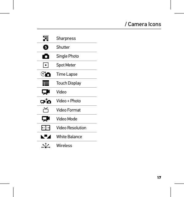 17SharpnessShutterSingle PhotoSpot MeterTime LapseTouch DisplayVideoVideo + PhotoVideo FormatVideo ModeVideo ResolutionWhite BalanceWireless/ Camera Icons