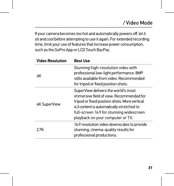 31/ Video ModeIf your camera becomes too hot and automatically powers oﬀ, let it sit and cool before attempting to use it again. For extended recording time, limit your use of features that increase power consumption, such as the GoPro App or LCD Touch BacPac.Video Resolution Best Use4KStunning high-resolution video with professional low-light performance. 8MP stills available from video. Recommended  for tripod or ﬁxed position shots.4K SuperViewSuperView delivers the world’s most immersive ﬁeld of view. Recommended for tripod or ﬁxed position shots. More vertical 4:3 content is automatically stretched to full-screen 16:9 for stunning widescreen playback on your computer or TV.2.7K16:9 resolution video downscales to provide stunning, cinema-quality results for professional productions. 