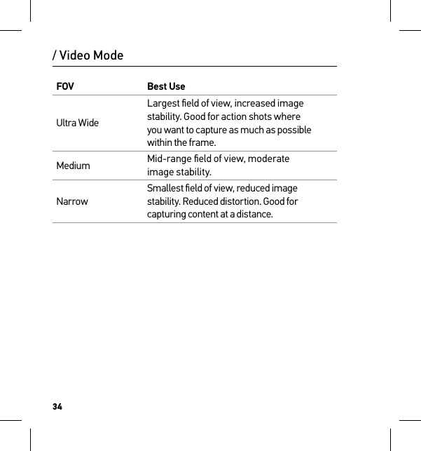 34FOV Best UseUltra WideLargest ﬁeld of view, increased image stability. Good for action shots where  you want to capture as much as possible within the frame. Medium Mid-range ﬁeld of view, moderate  image stability.NarrowSmallest ﬁeld of view, reduced image stability. Reduced distortion. Good for capturing content at a distance./ Video Mode