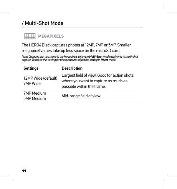 44/ Multi-Shot ModeMEGAPIXELSThe HERO4 Black captures photos at 12MP, 7MP or 5MP. Smaller megapixel values take up less space on the microSD card.Note: Changes that you make to the Megapixels setting in Multi-Shot mode apply only to multi-shot capture. To adjust this setting for photo capture, adjust the setting in Photo mode.Settings Description12MP Wide (default) 7MP WideLargest ﬁeld of view. Good for action shots where you want to capture as much as possible within the frame.7MP Medium 5MP Medium Mid-range ﬁeld of view.