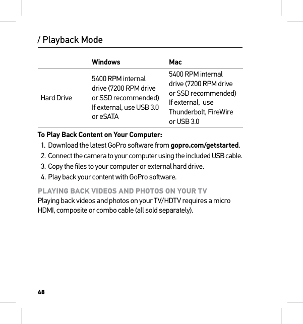 48/ Playback ModeWindows MacHard Drive5400 RPM internal  drive (7200 RPM drive or SSD recommended)  If external, use USB 3.0  or eSATA5400 RPM internal  drive (7200 RPM drive or SSD recommended)  If external,  use Thunderbolt, FireWire or USB 3.0To Play Back Content on Your Computer:1.  Download the latest GoPro soware from gopro.com/getstarted.2. Connect the camera to your computer using the included USB cable.3. Copy the ﬁles to your computer or external hard drive.4. Play back your content with GoPro soware.PLAYING BACK VIDEOS AND PHOTOS ON YOUR TV Playing back videos and photos on your TV/HDTV requires a micro HDMI, composite or combo cable (all sold separately).