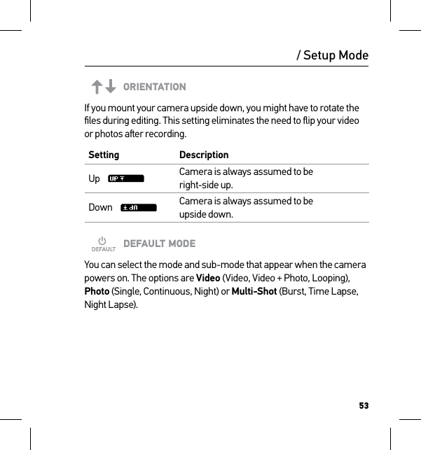 53ORIENTATIONIf you mount your camera upside down, you might have to rotate the ﬁles during editing. This setting eliminates the need to ﬂip your video or photos aer recording.Setting DescriptionUp     Camera is always assumed to be  right-side up.Down     Camera is always assumed to be  upside down.DEFAULT MODEYou can select the mode and sub-mode that appear when the camera powers on. The options are Video (Video, Video + Photo, Looping), Photo (Single, Continuous, Night) or Multi-Shot (Burst, Time Lapse, Night Lapse)./ Setup Mode