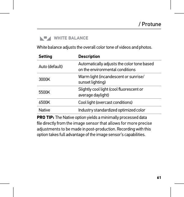 61/ ProtuneWHITE BALANCEWhite balance adjusts the overall color tone of videos and photos.Setting DescriptionAuto (default) Automatically adjusts the color tone based  on the environmental conditions3000K Warm light (incandescent or sunrise/ sunset lighting)5500K Slightly cool light (cool ﬂuorescent or  average daylight)6500K Cool light (overcast conditions)Native Industry standardized optimized colorPRO TIP: The Native option yields a minimally processed data ﬁle directly from the image sensor that allows for more precise adjustments to be made in post-production. Recording with this option takes full advantage of the image sensor’s capabilities.