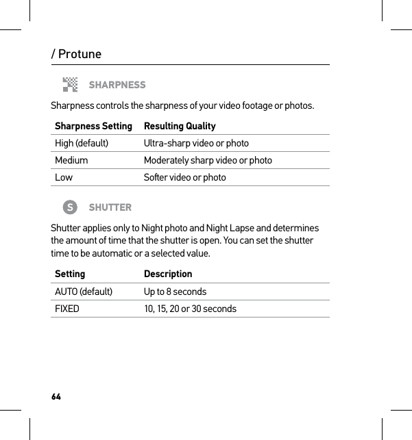 64/ ProtuneSHARPNESSSharpness controls the sharpness of your video footage or photos.Sharpness Setting Resulting QualityHigh (default) Ultra-sharp video or photoMedium Moderately sharp video or photoLow Soer video or photoSHUTTERShutter applies only to Night photo and Night Lapse and determines the amount of time that the shutter is open. You can set the shutter time to be automatic or a selected value.Setting DescriptionAUTO (default) Up to 8 secondsFIXED 10, 15, 20 or 30 seconds