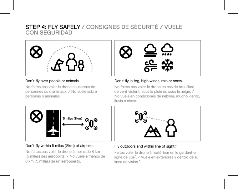 Don’t fly over people or animals. Ne faites pas voler le drone au-dessus de  personnes ou d’animaux. / No vuele sobre  personas o animales. Don’t fly within 5 miles (8km) of airports.  Ne faites pas voler le drone à moins de 8 km  (5 miles) des aéroports. / No vuele a menos de  8 km (5 millas) de un aeropuerto. Don’t fly in fog, high winds, rain or snow. Ne faites pas voler le drone en cas de brouillard,  de vent violent, sous la pluie ou sous la neige. /  No vuele en condiciones de neblina, mucho viento, lluvia o nieve. Fly outdoors and within line of sight.*Faites voler le drone à l’extérieur en le gardant en ligne de vue*. / Vuele en exteriores y dentro de su línea de visión.*5 miles (8km)STEP 4: FLY SAFELY / CONSIGNES DE SÉCURITÉ / VUELE  CON SEGURIDAD